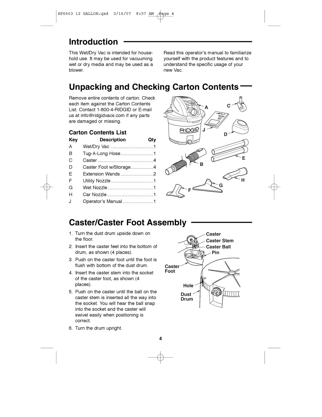 RIDGID WD1250 manual Introduction, Unpacking and Checking Carton Contents, Caster/Caster Foot Assembly 