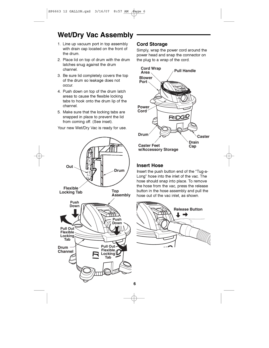 RIDGID WD1250 manual Wet/Dry Vac Assembly, Cord Storage, Insert Hose 