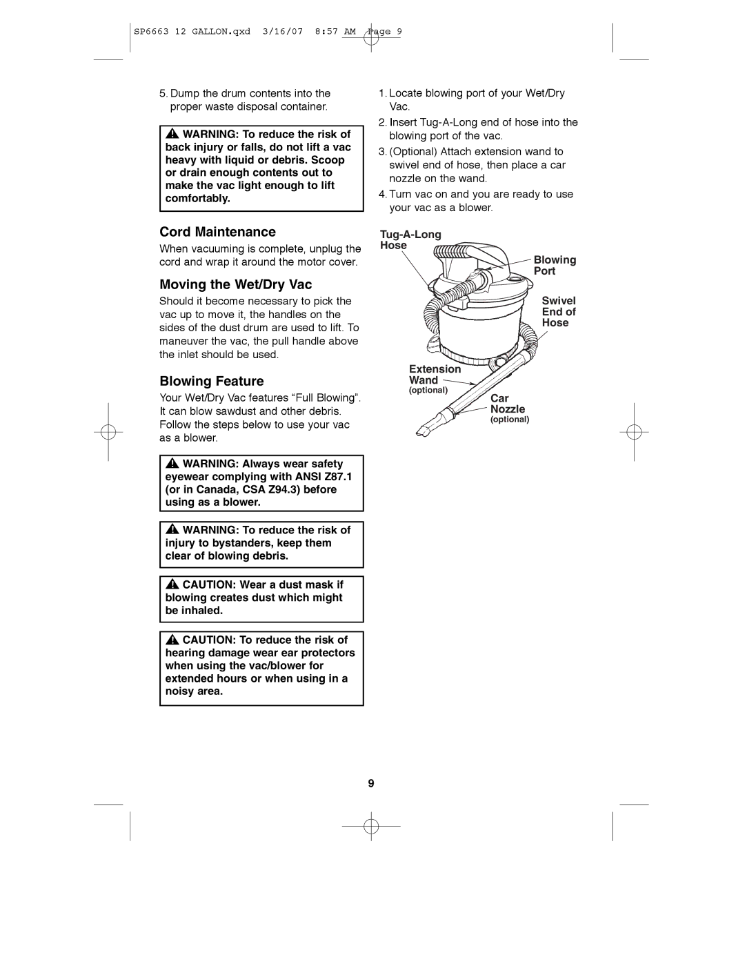 RIDGID WD1250 manual Cord Maintenance, Moving the Wet/Dry Vac, Blowing Feature 