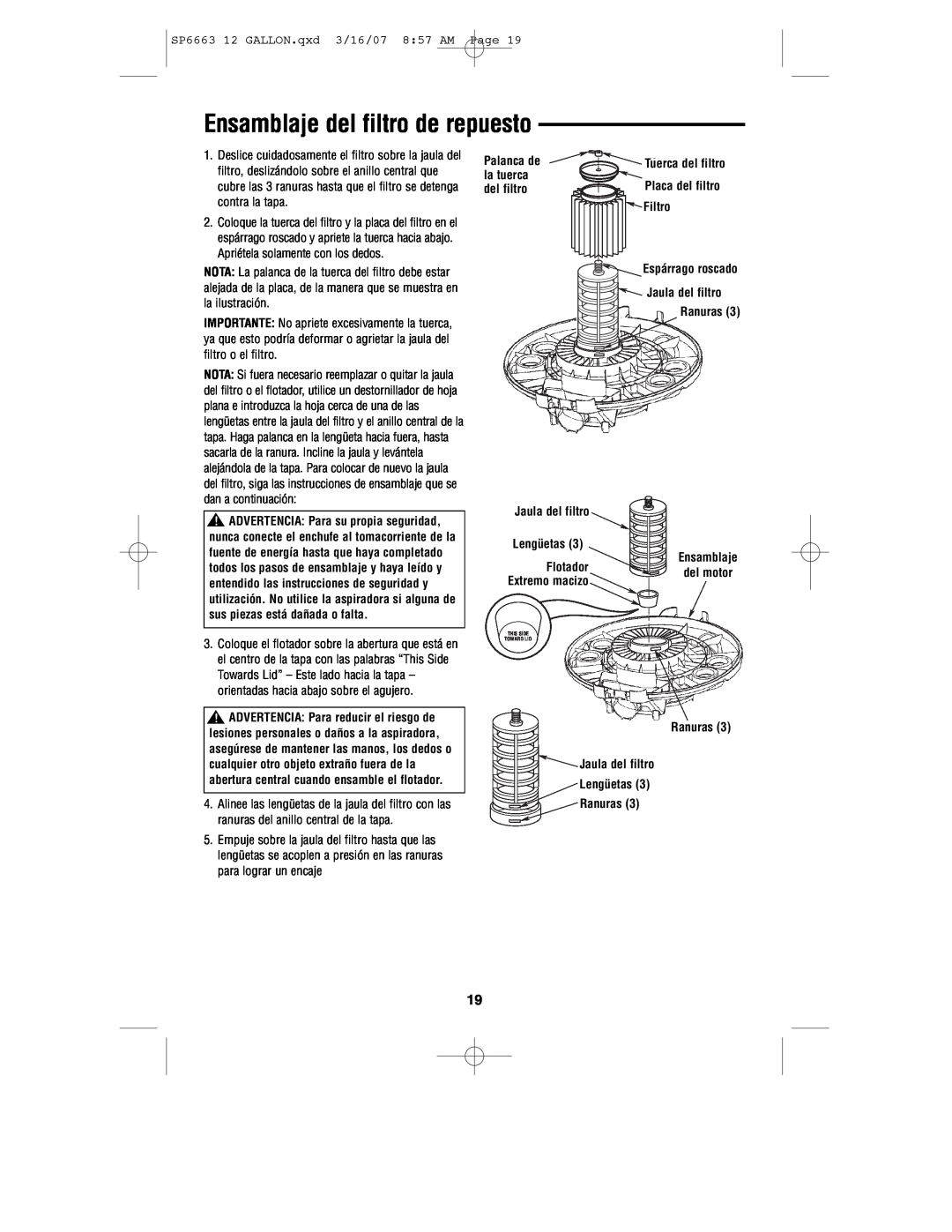RIDGID WD1250 manual Ensamblaje del filtro de repuesto 