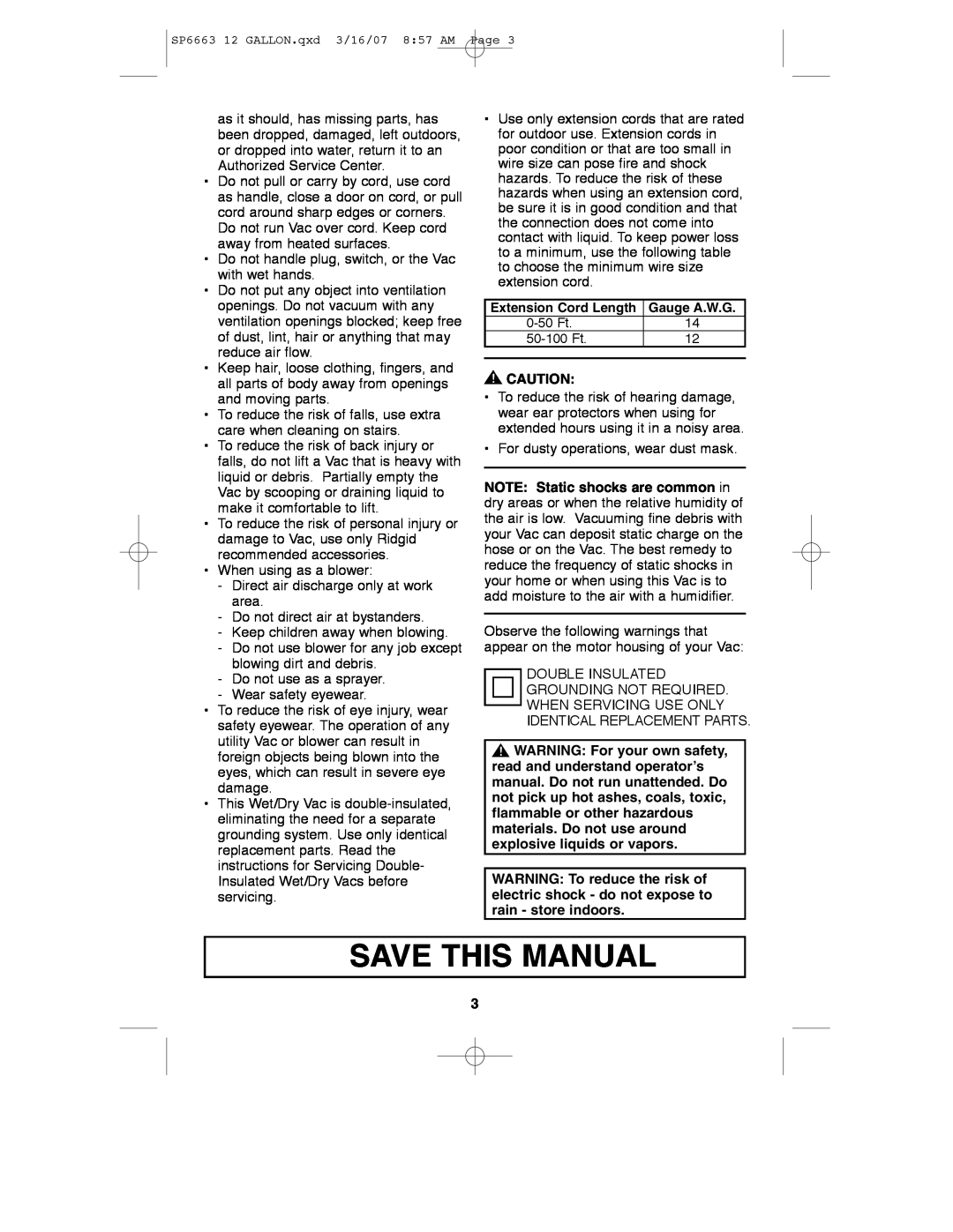 RIDGID WD1250 manual Save This Manual 
