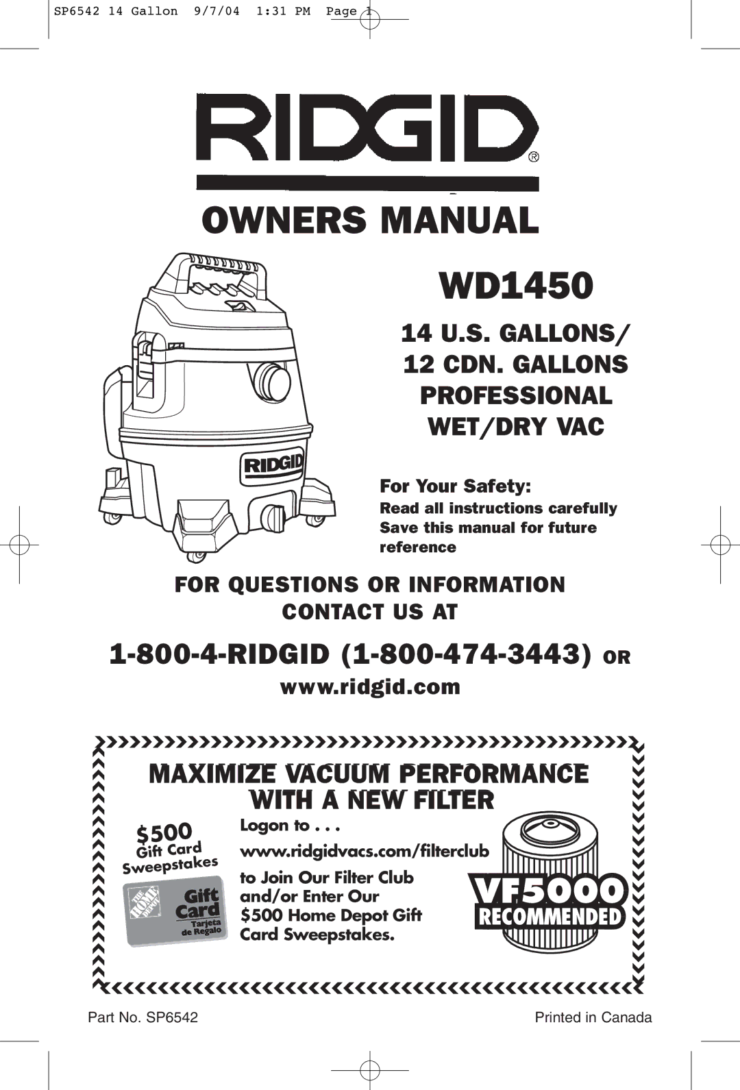 RIDGID WD1450 owner manual 