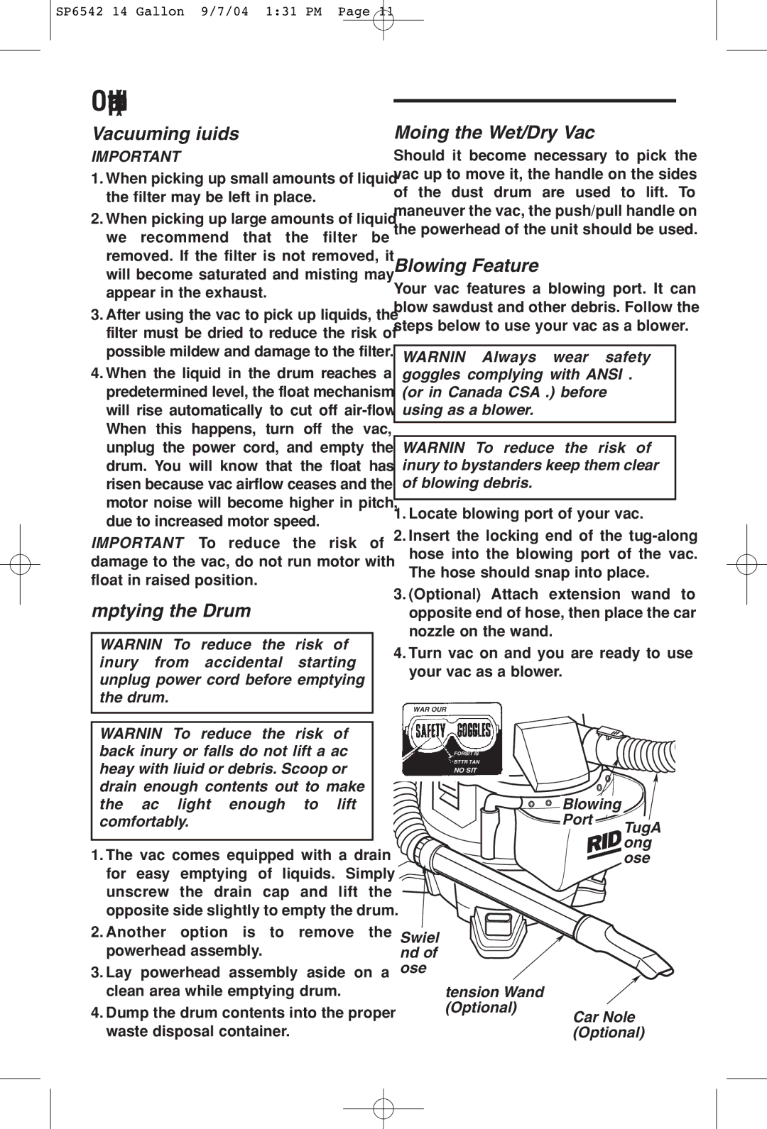 RIDGID WD1450 owner manual Vacuuming Liquids, Emptying the Drum, Moving the Wet/Dry Vac, Blowing Feature 