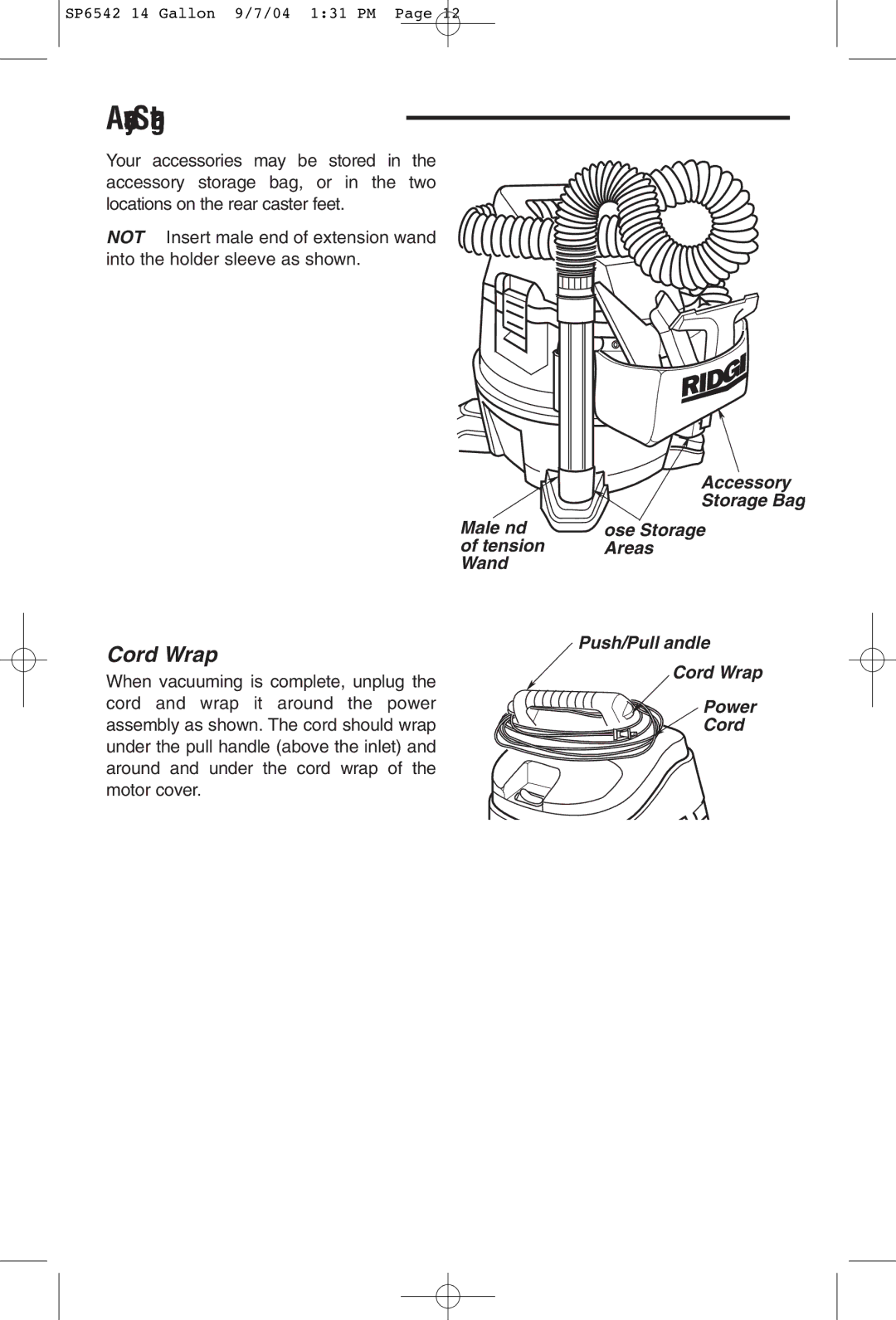 RIDGID WD1450 owner manual Accessory Storage, Cord Wrap 