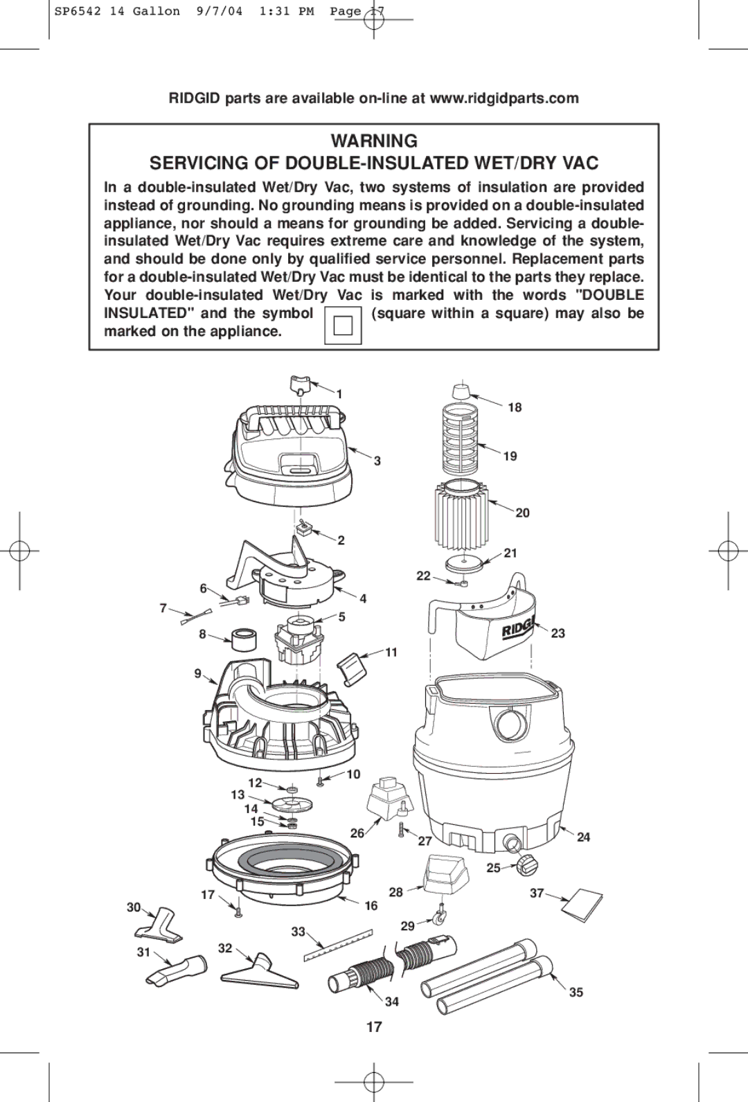 RIDGID WD1450 owner manual Servicing of DOUBLE-INSULATED WET/DRY VAC 