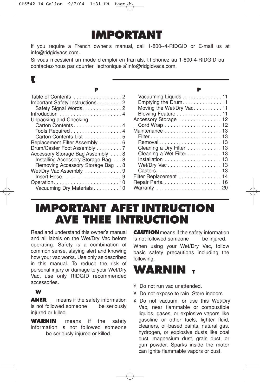 RIDGID WD1450 owner manual Important Safety Instructions, Table of Contents 