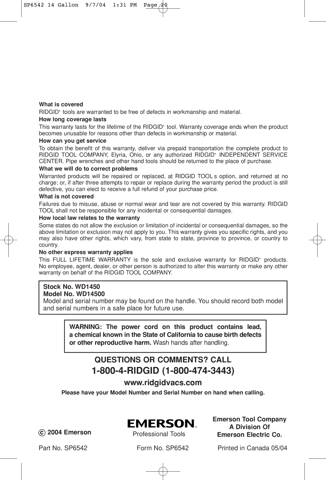 RIDGID owner manual Stock No. WD1450 Model No. WD14500, Emerson Tool Company 