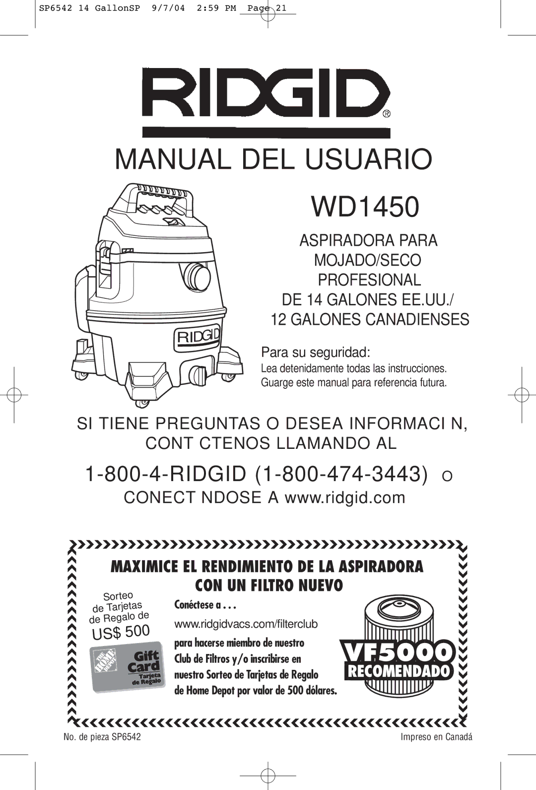 RIDGID WD1450 owner manual Manual DEL Usuario, No. de pieza SP6542 