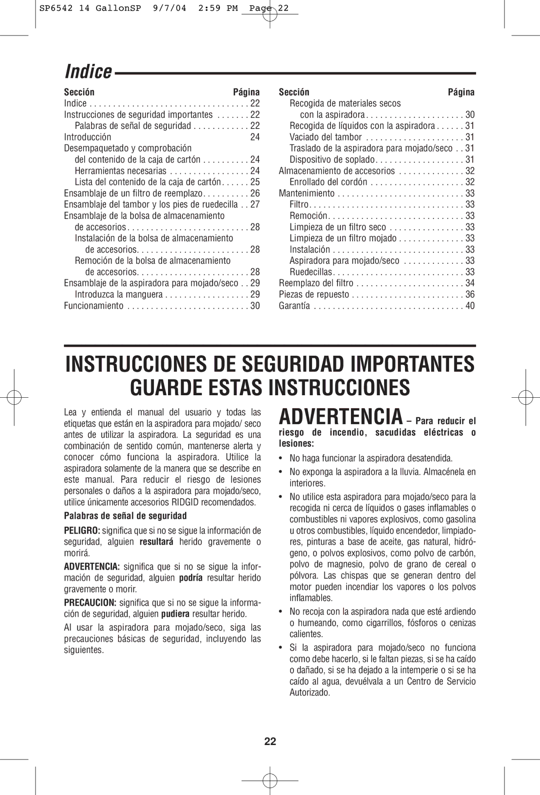 RIDGID WD1450 owner manual Indice, Sección, Palabras de señal de seguridad 