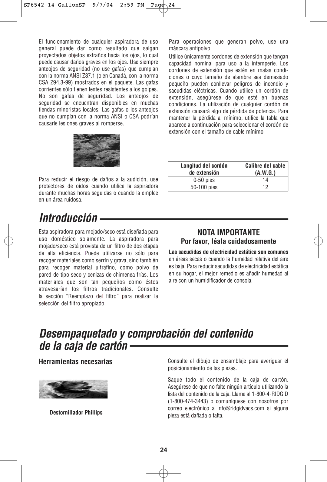 RIDGID WD1450 owner manual Introducción, Por favor, léala cuidadosamente, Herramientas necesarias, Longitud del cordón 