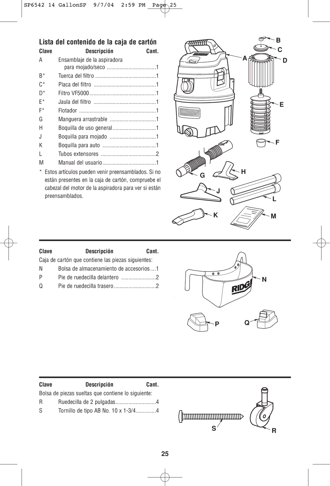 RIDGID WD1450 owner manual Lista del contenido de la caja de cartón, Jk Ml, Clave Descripción, Ensamblaje de la aspiradora 