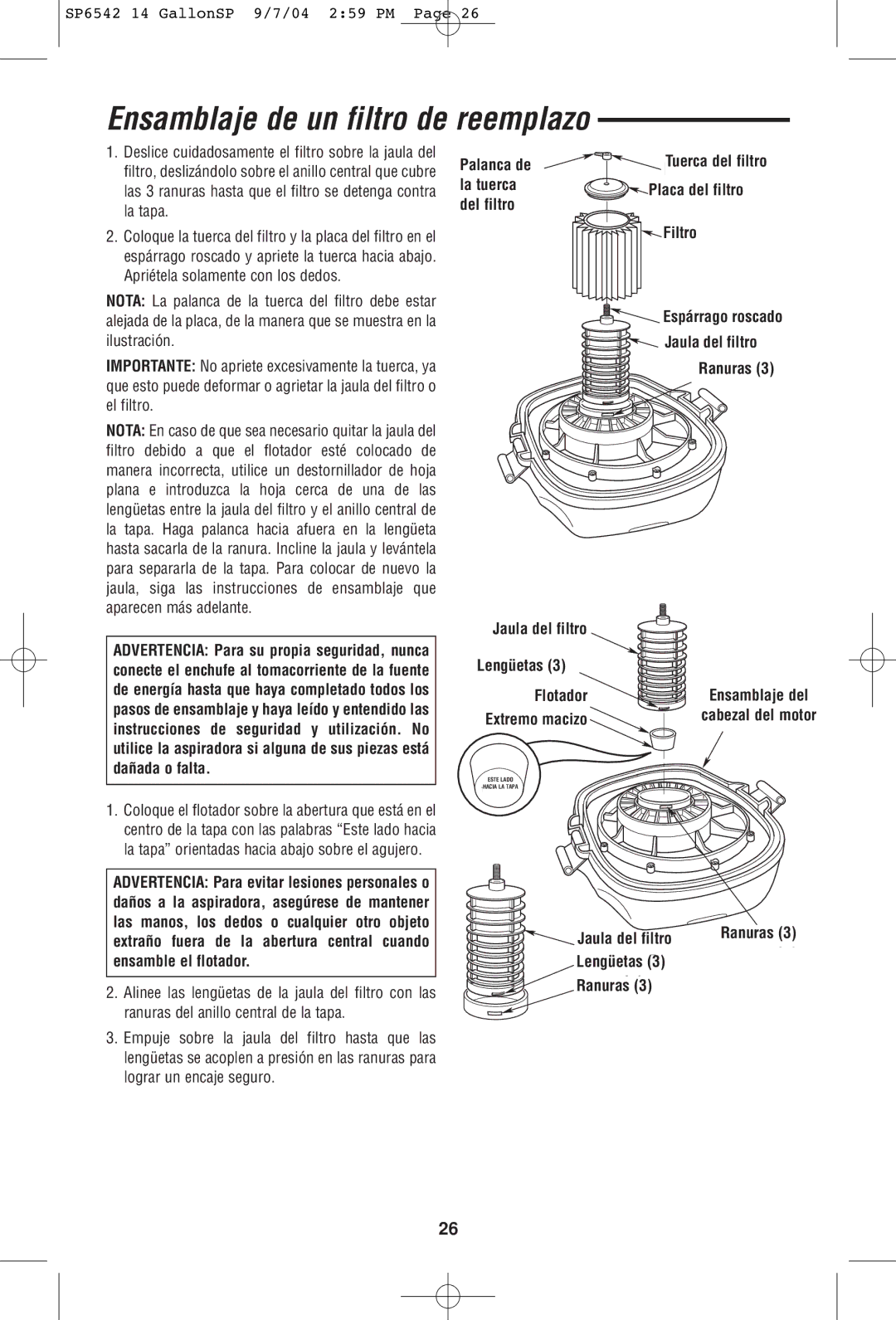 RIDGID WD1450 owner manual Ensamblaje de un filtro de reemplazo, Filter Nut, Float Power Head 