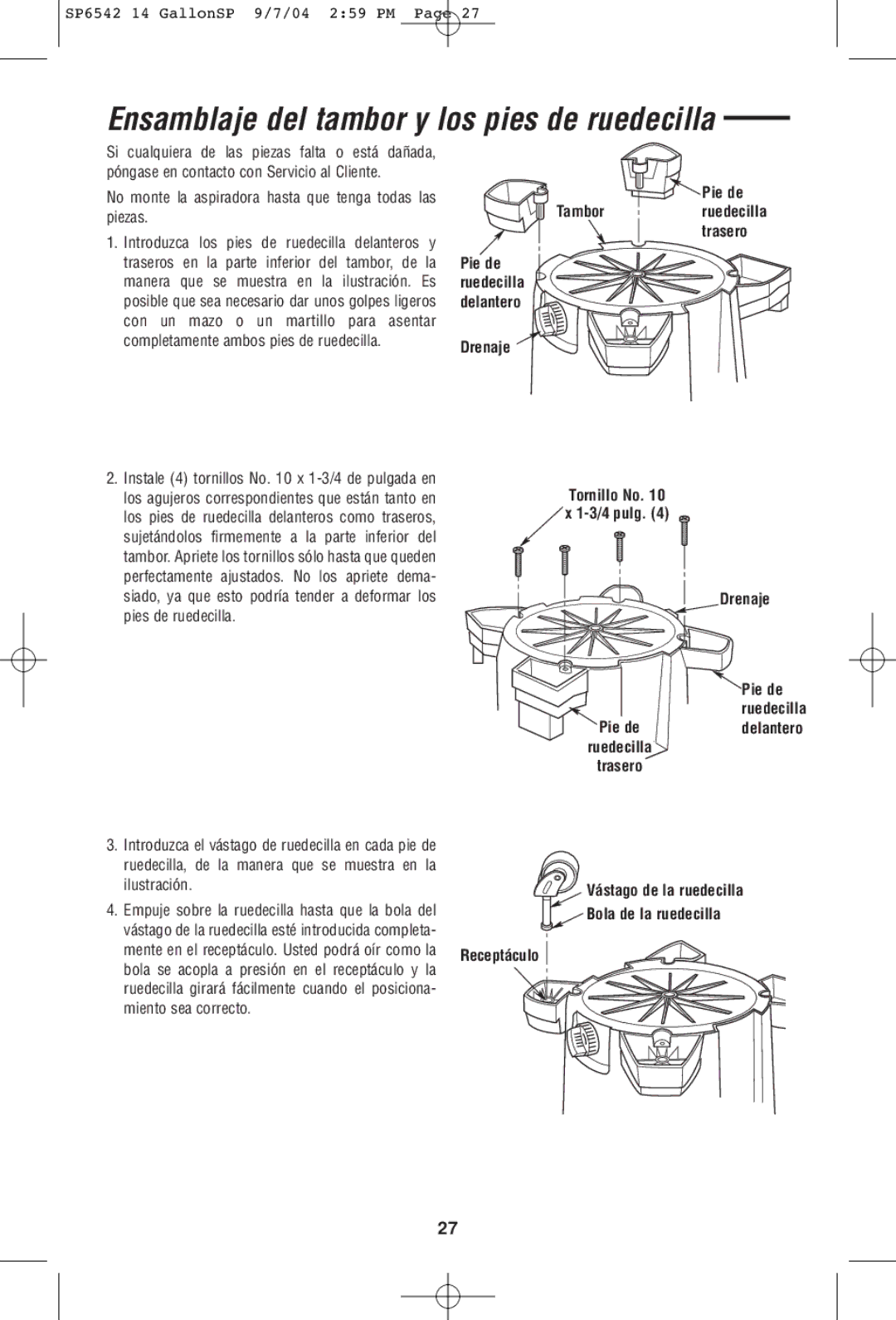 RIDGID WD1450 owner manual Ensamblaje del tambor y los pies de ruedecilla, Screw 