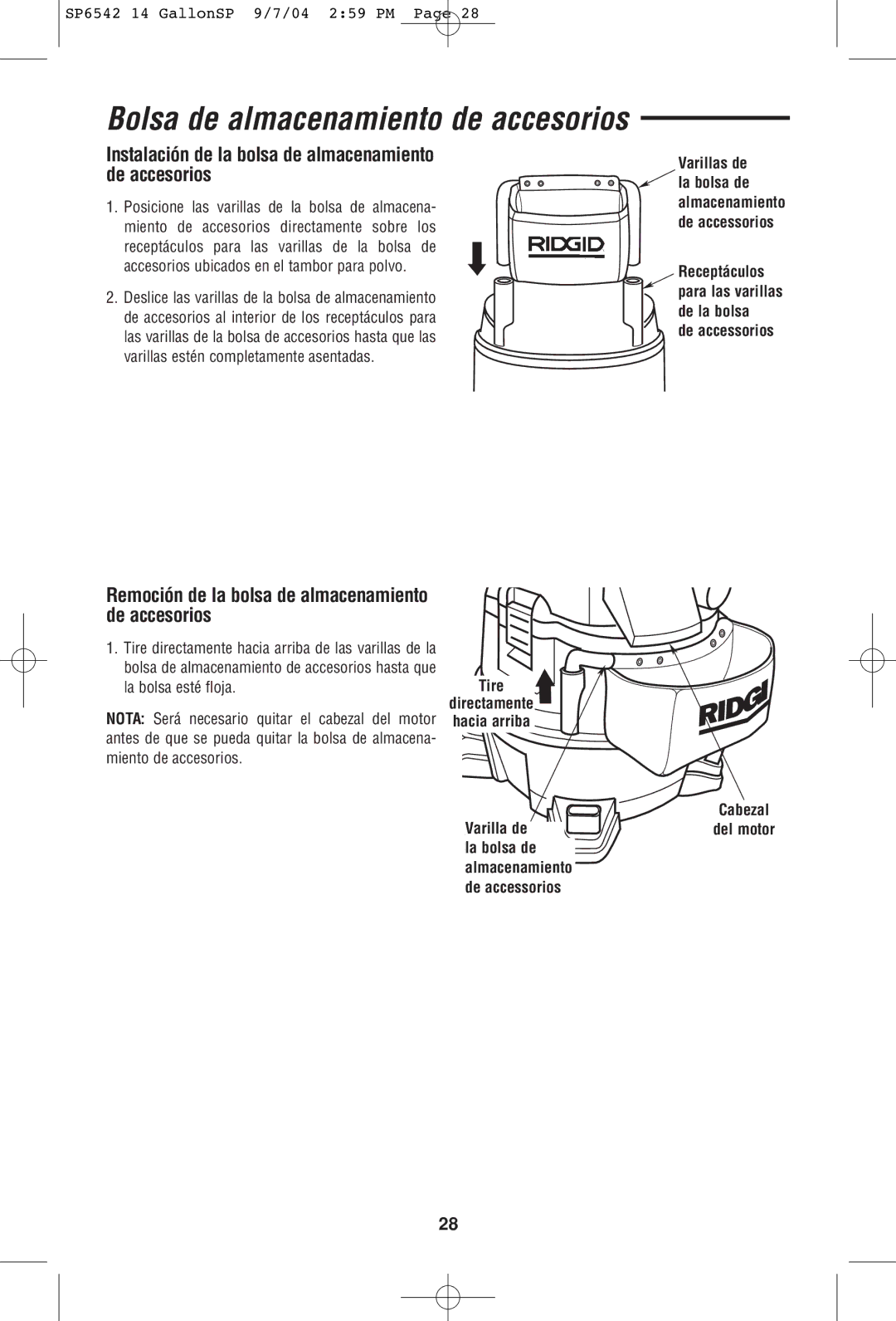 RIDGID WD1450 owner manual Instalación de la bolsa de almacenamiento de accesorios 