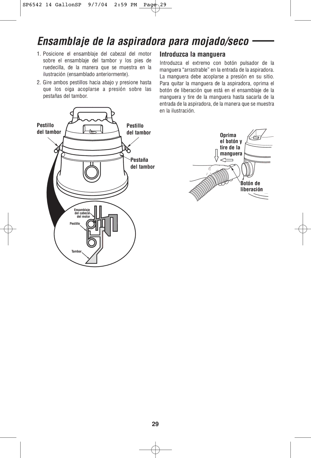 RIDGID WD1450 owner manual Ensamblaje de la aspiradora para mojado/seco, Introduzca la manguera, Drum 