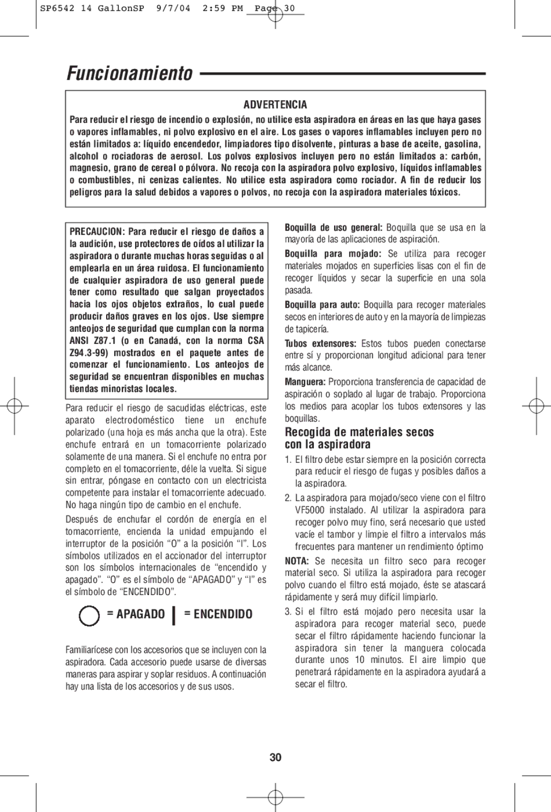 RIDGID WD1450 owner manual Funcionamiento, Recogida de materiales secos con la aspiradora 