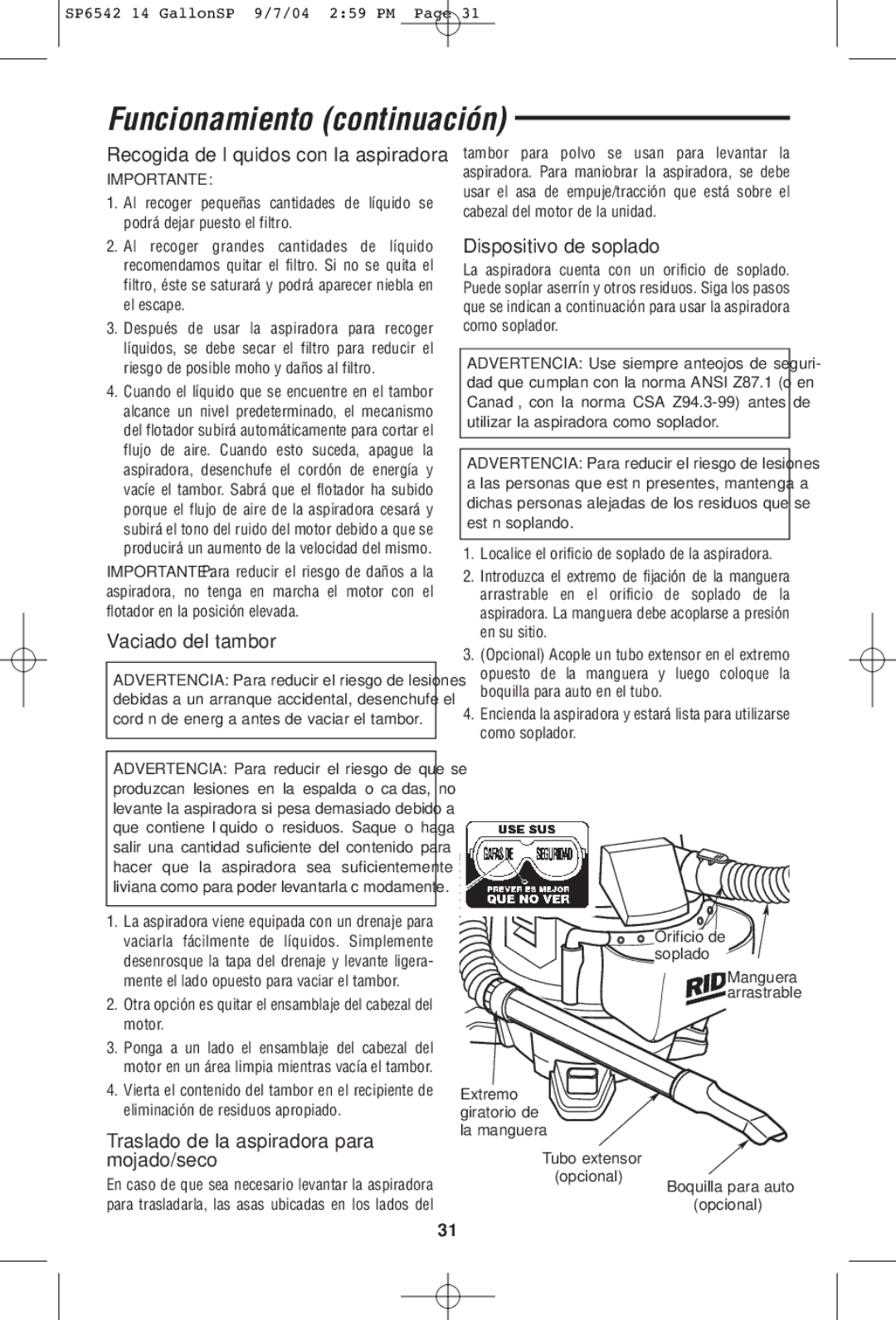 RIDGID WD1450 owner manual Funcionamiento continuación, Vaciado del tambor, Traslado de la aspiradora para mojado/seco 