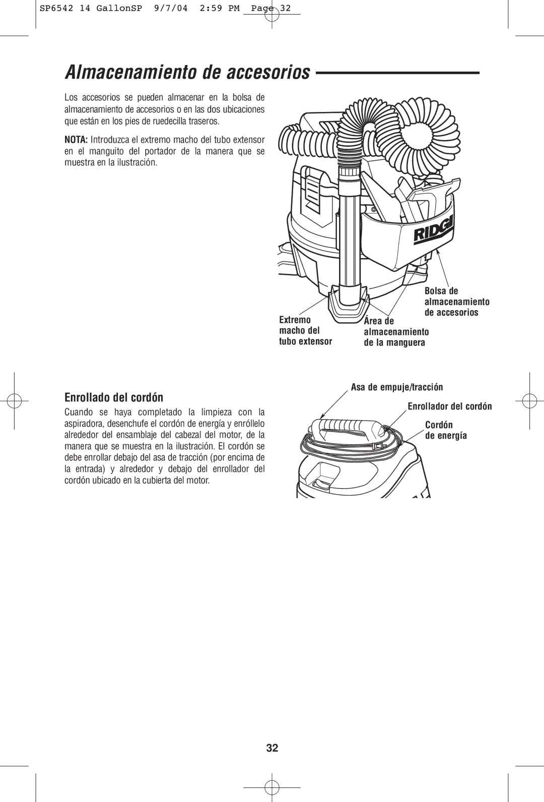 RIDGID WD1450 owner manual Enrollado del cordón, Accessory, ÁreaHosede Storage 