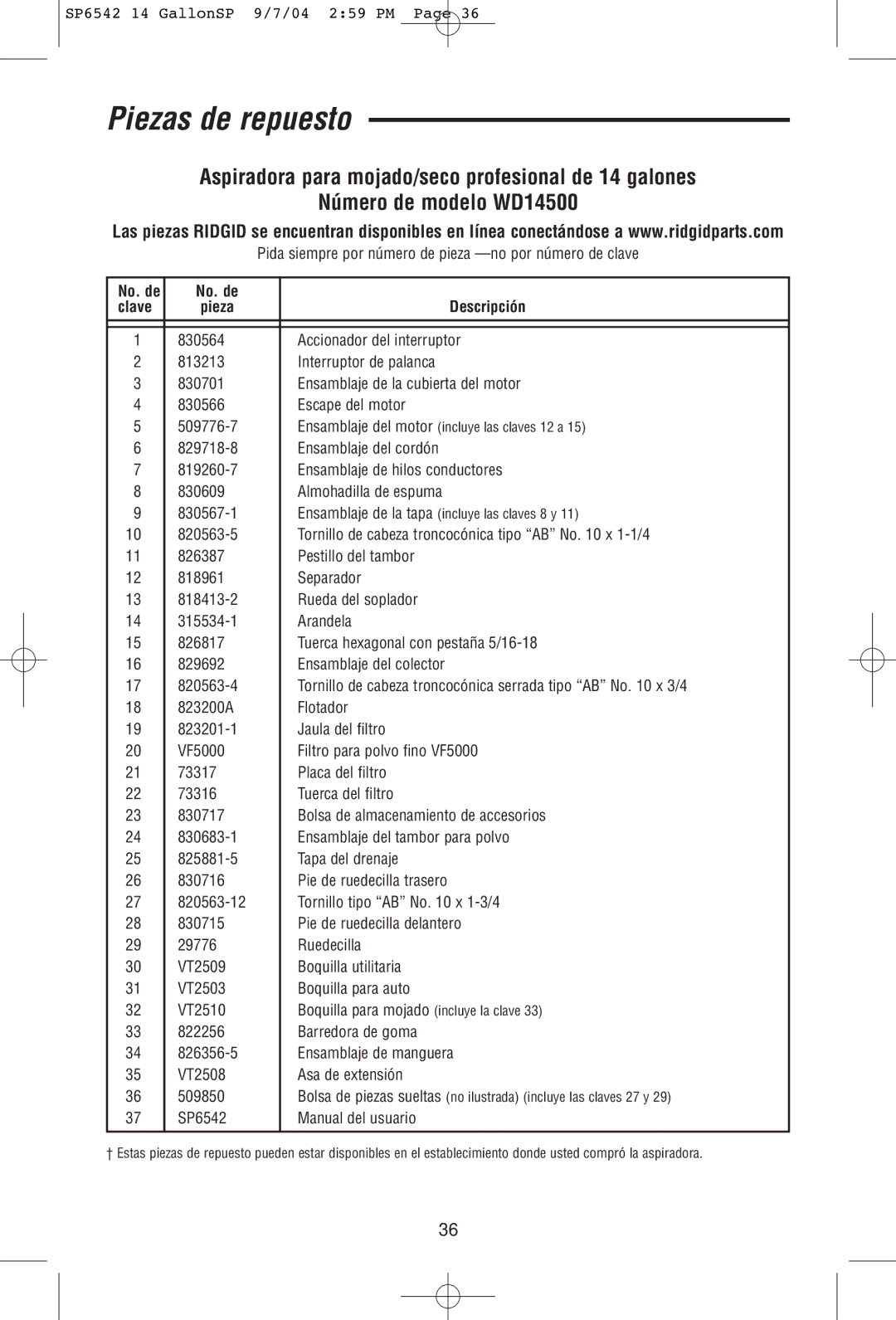 RIDGID WD1450 Piezas de repuesto, Pida siempre por número de pieza -no por número de clave, No. de Clave Pieza Descripción 