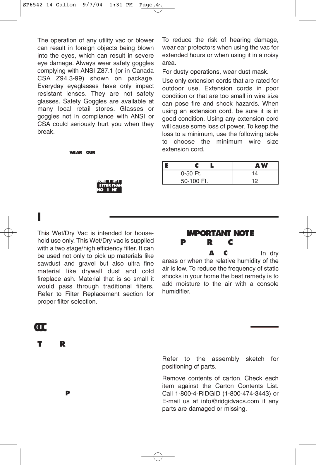 RIDGID WD1450 owner manual Introduction, Unpacking and Checking Carton Contents 