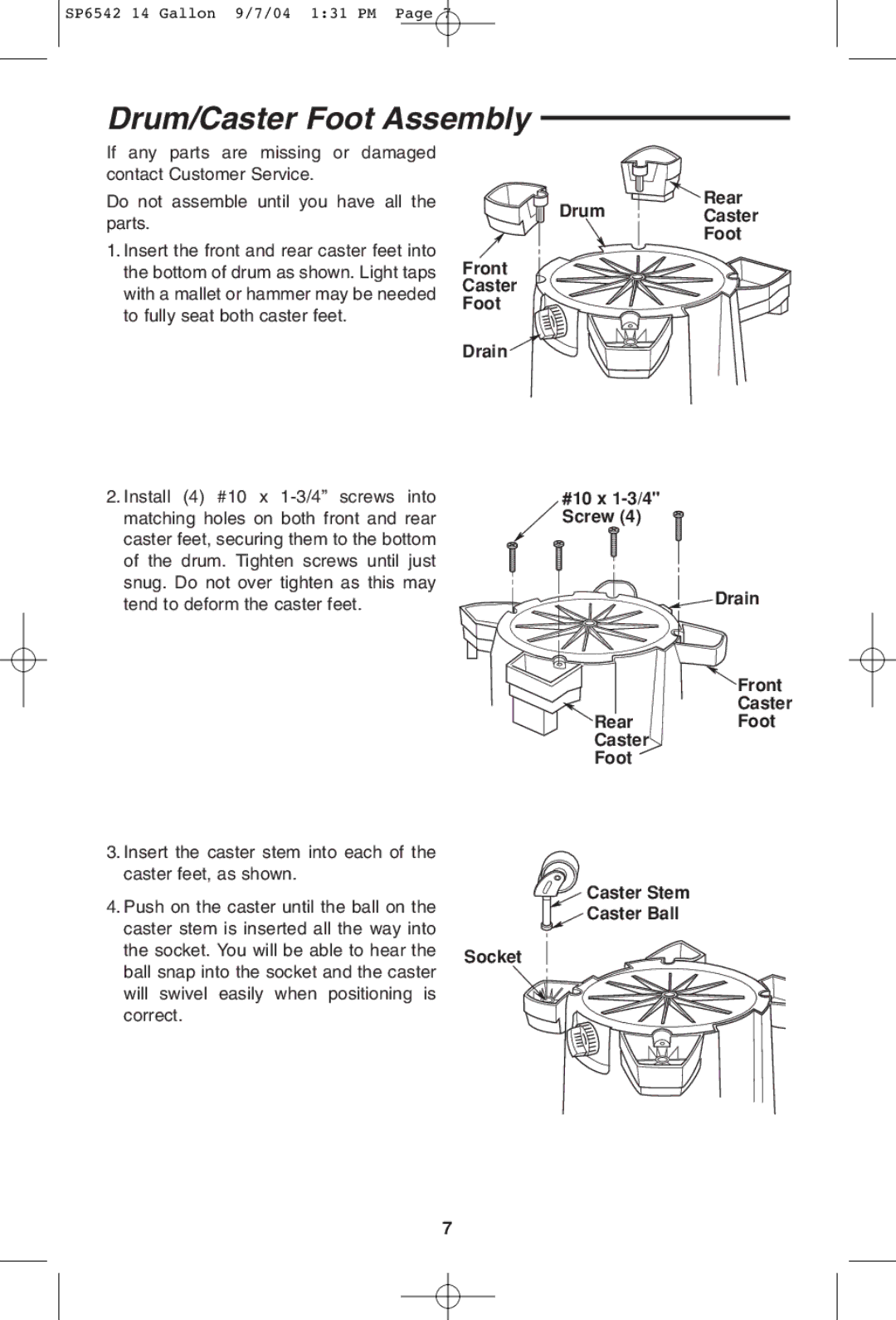 RIDGID WD1450 owner manual Drum/Caster Foot Assembly 