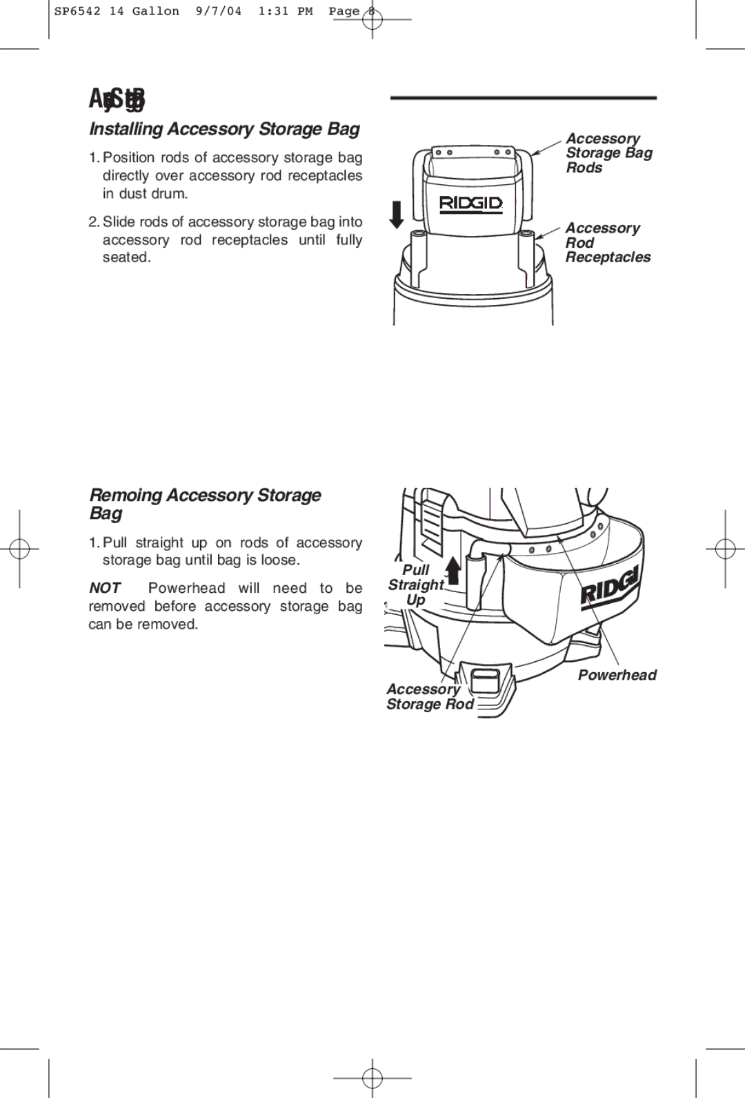 RIDGID WD1450 Installing Accessory Storage Bag, Removing Accessory Storage Bag, Accessory Storage Bag Rods Receptacles 