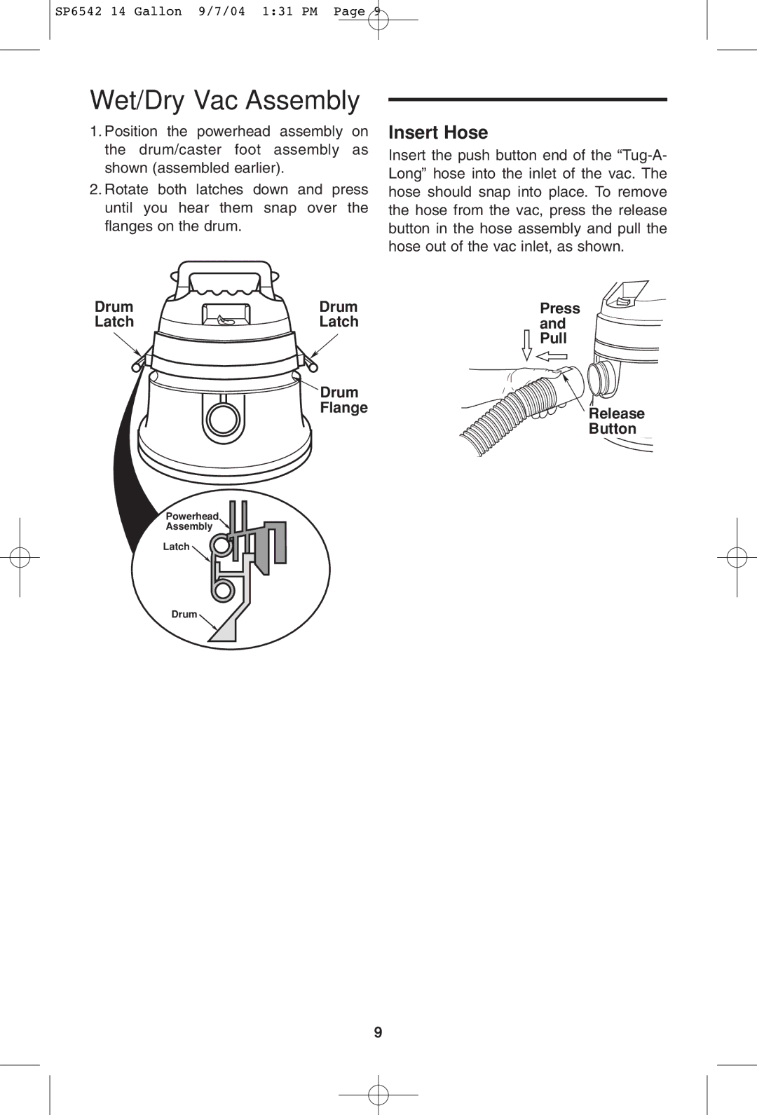 RIDGID WD1450 owner manual Wet/Dry Vac Assembly, Insert Hose, Drum Press Latch Pull Flange, Button, Release 