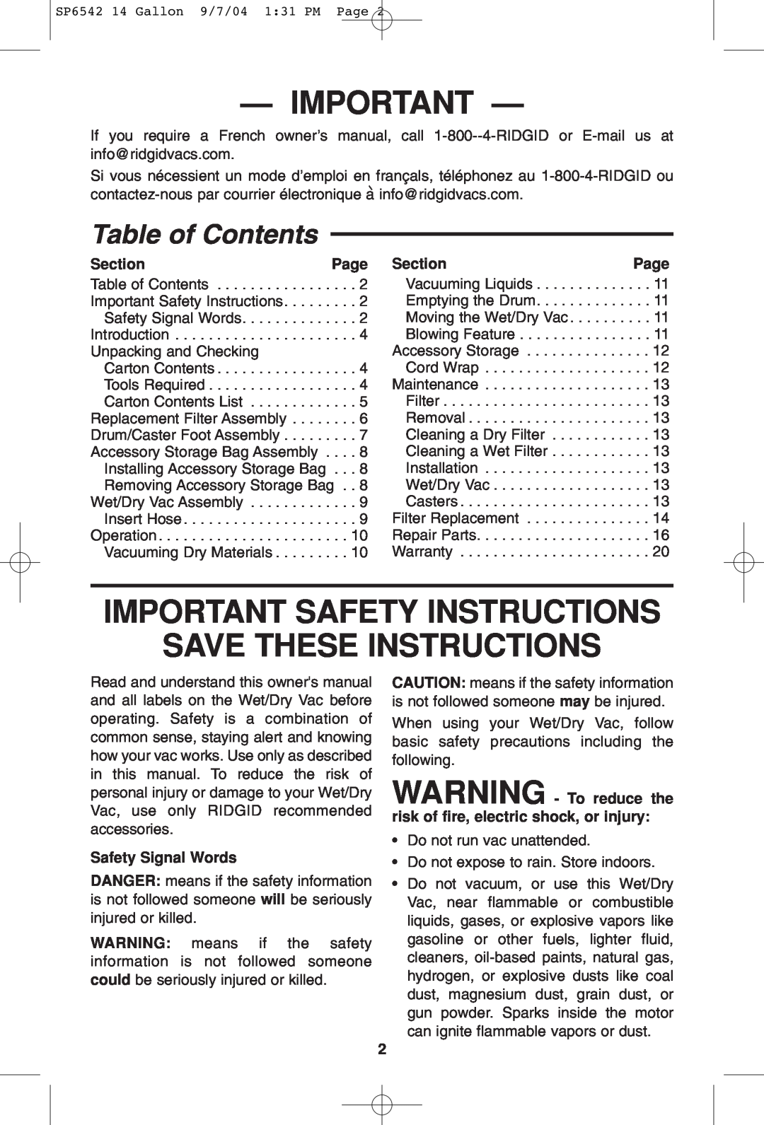 RIDGID WD1450 owner manual Table of Contents, Important Safety Instructions, Save These Instructions 