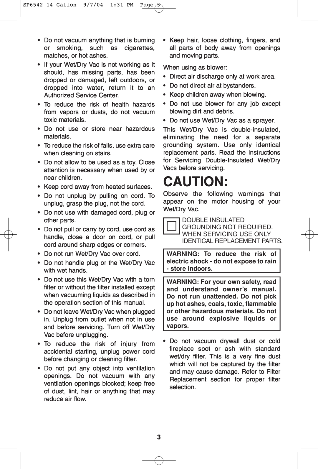 RIDGID WD1450 owner manual WARNING To reduce the risk of electric shock - do not expose to rain - store indoors 