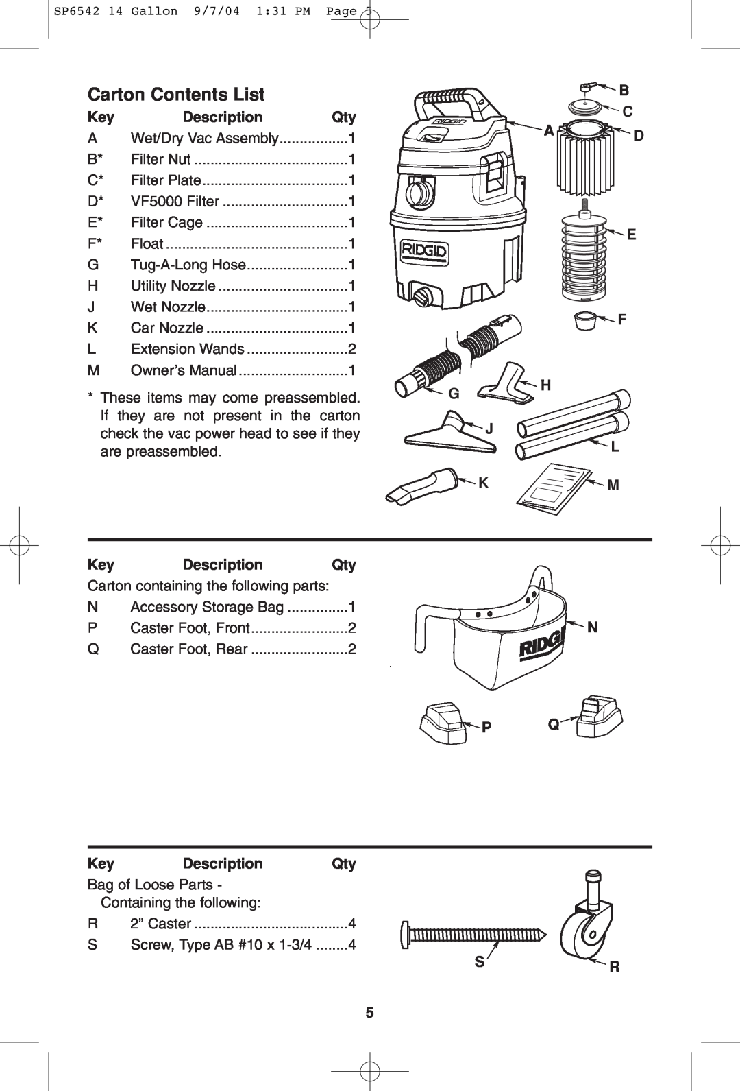 RIDGID WD1450 owner manual Carton Contents List 