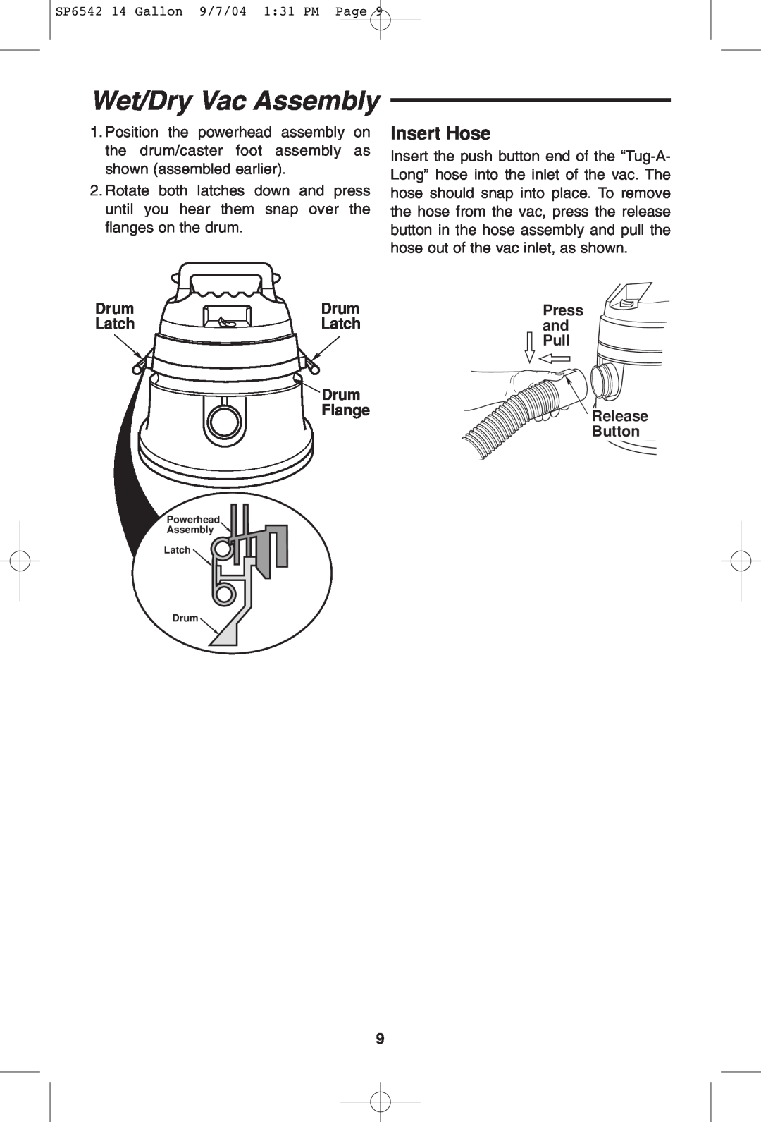 RIDGID WD1450 owner manual Wet/Dry Vac Assembly, Insert Hose 