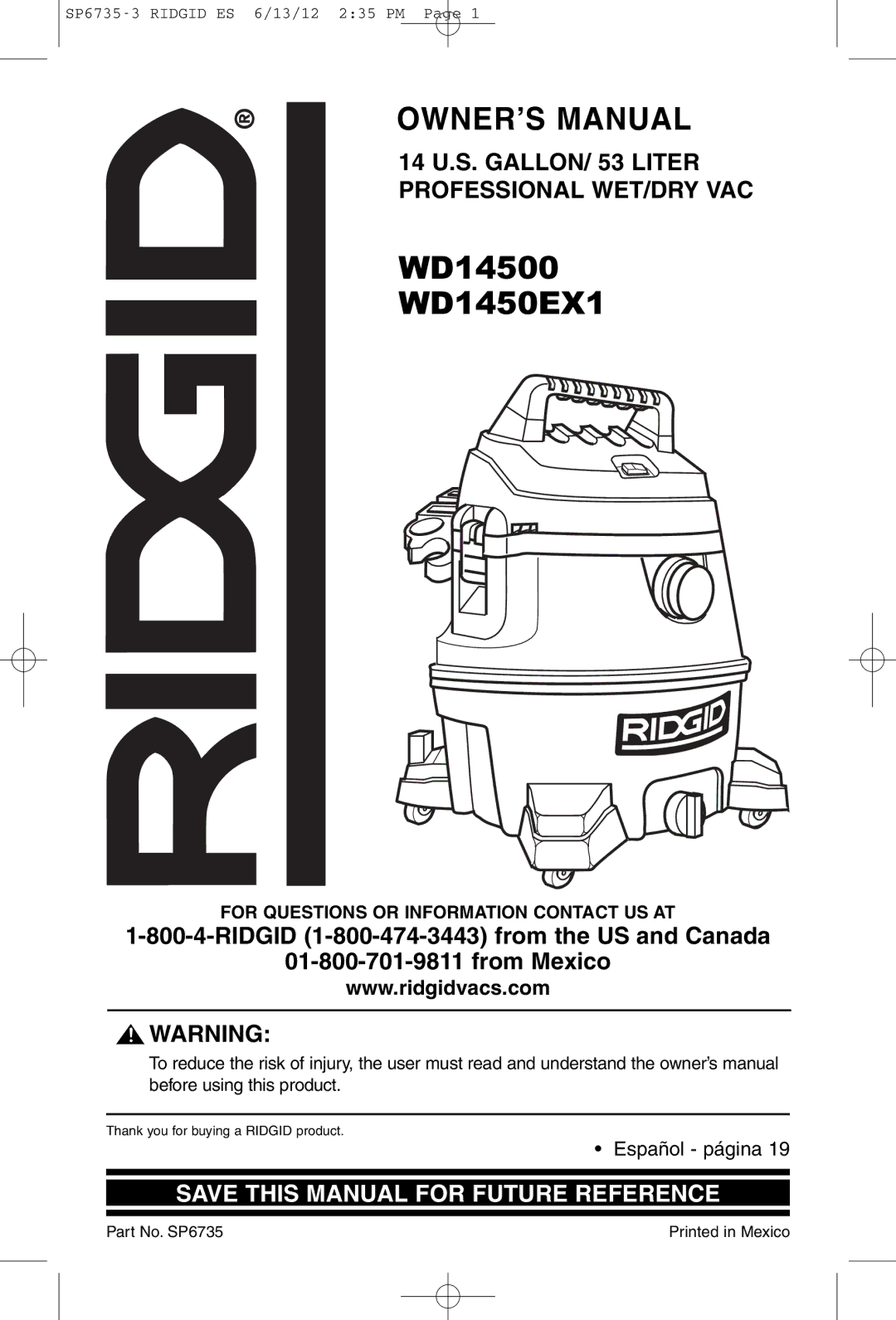 RIDGID owner manual WD14500 WD1450EX1, Part No. SP6735 