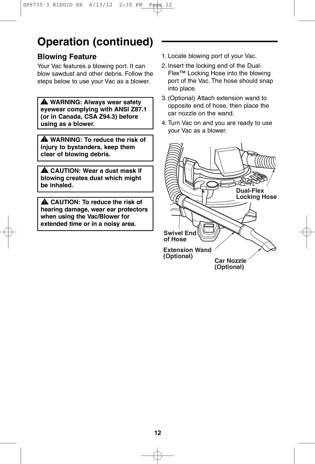 RIDGID WD14500 owner manual Blowing Feature 