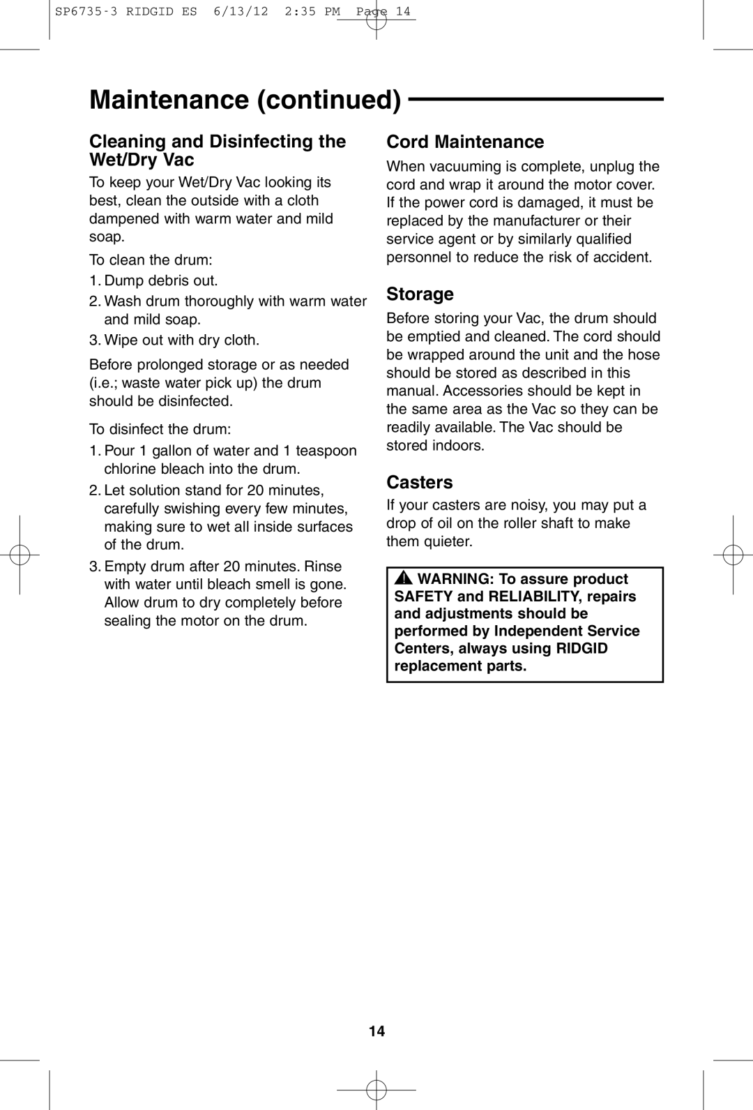 RIDGID WD14500 owner manual Cleaning and Disinfecting the Wet/Dry Vac, Cord Maintenance, Storage, Casters 