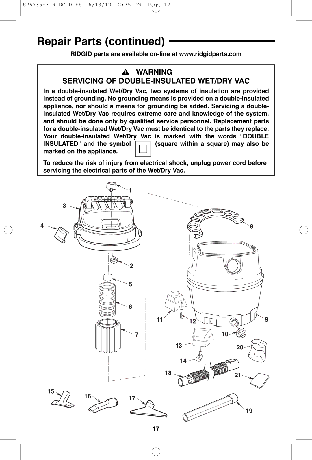 RIDGID WD14500 owner manual Servicing of DOUBLE-INSULATED WET/DRY VAC 