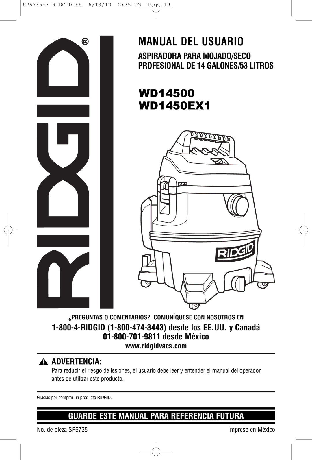 RIDGID WD14500 owner manual Manual DEL Usuario, Impreso en México 