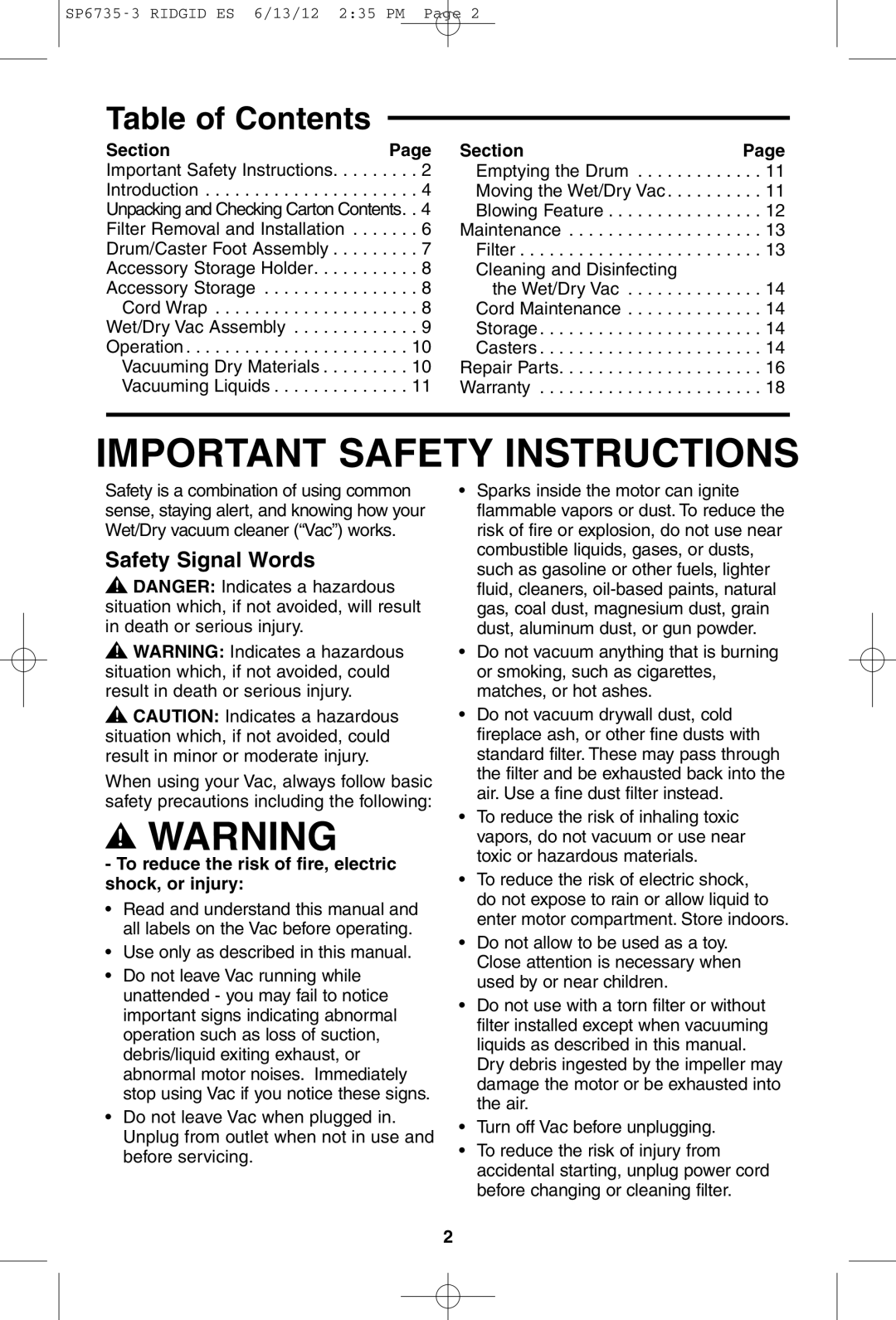 RIDGID WD14500 owner manual Important Safety Instructions, Table of Contents 