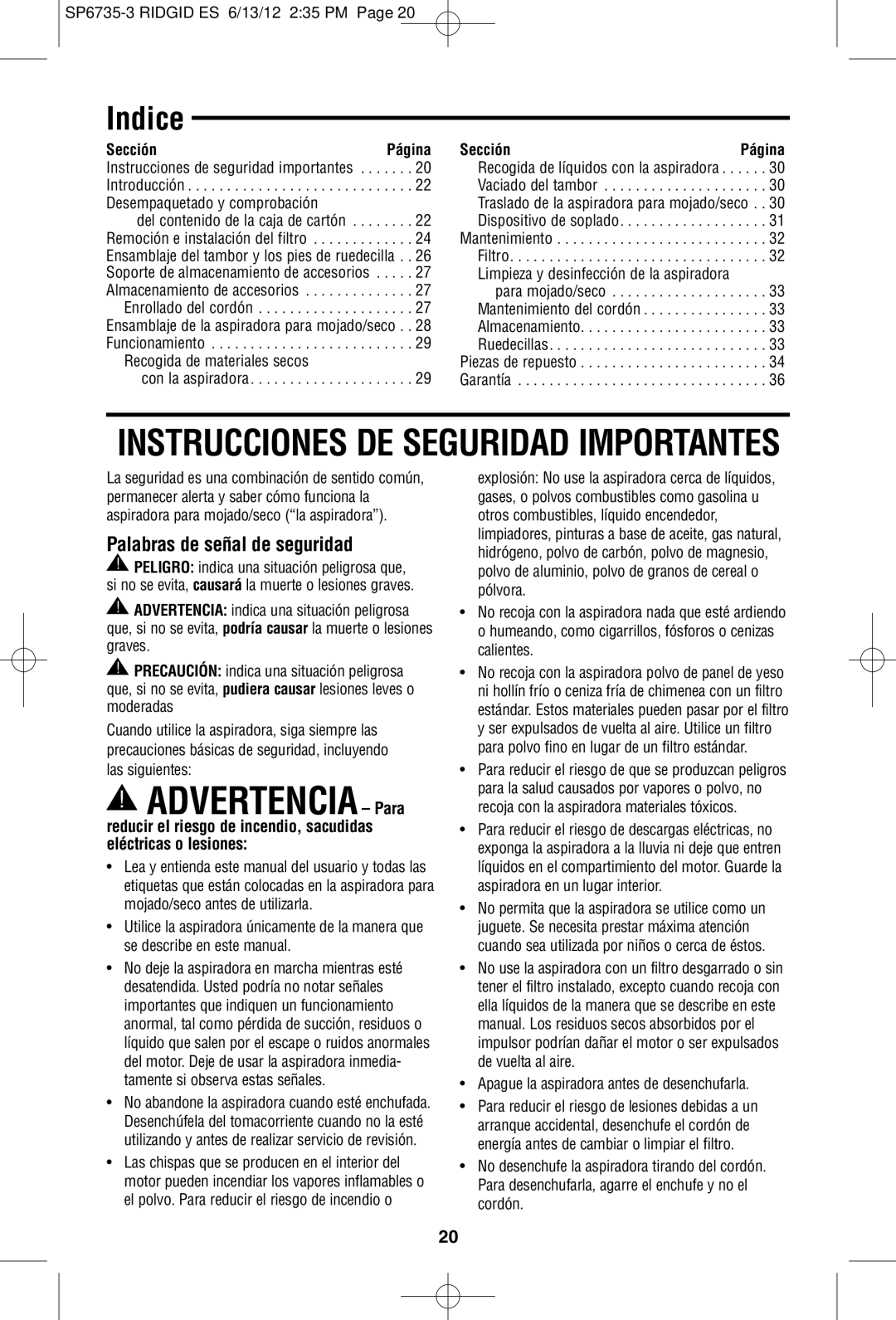 RIDGID WD14500 owner manual Indice, Palabras!de señal de seguridad, Sección 