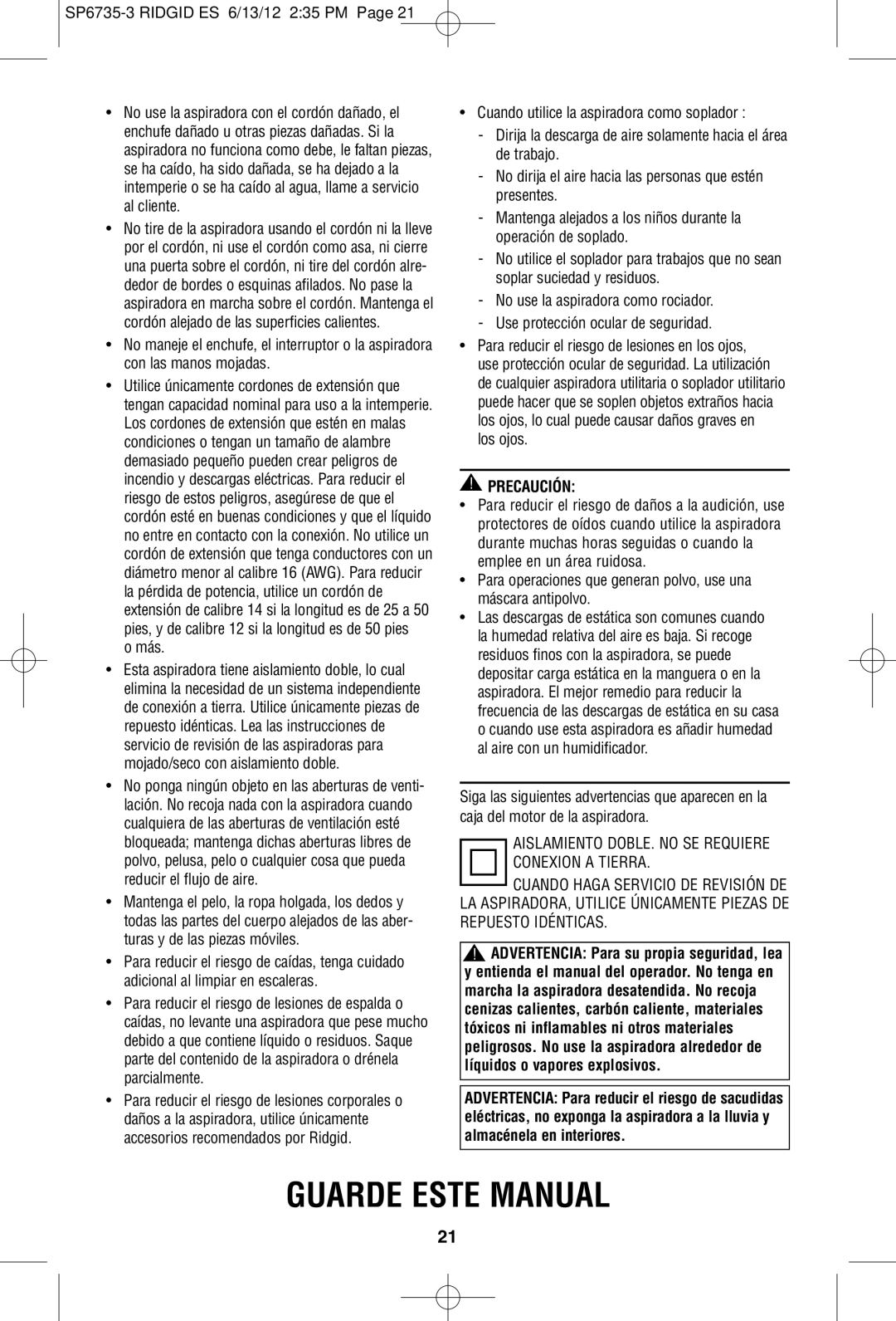 RIDGID WD14500 owner manual Más, Precaución 