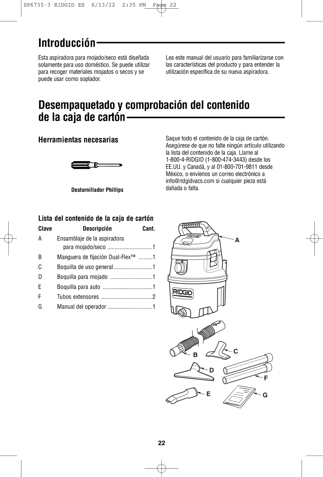 RIDGID WD14500 Introducción, Herramientas necesarias, Lista del contenido de la caja de cartón, Destornillador Phillips 