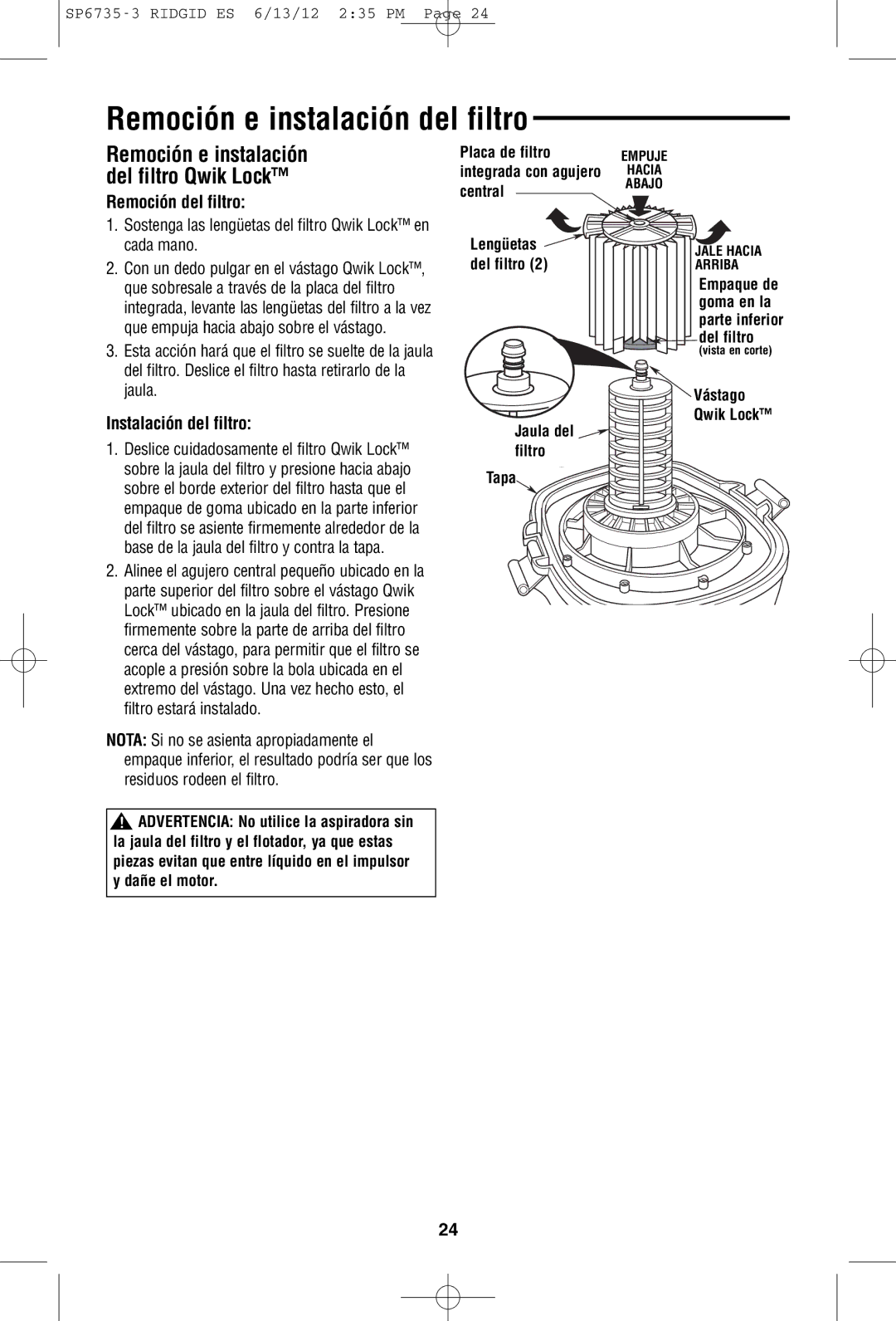 RIDGID WD14500 owner manual Remoción e instalación del filtro, Instalación del filtro, Integrated Filter, Plate with Center 