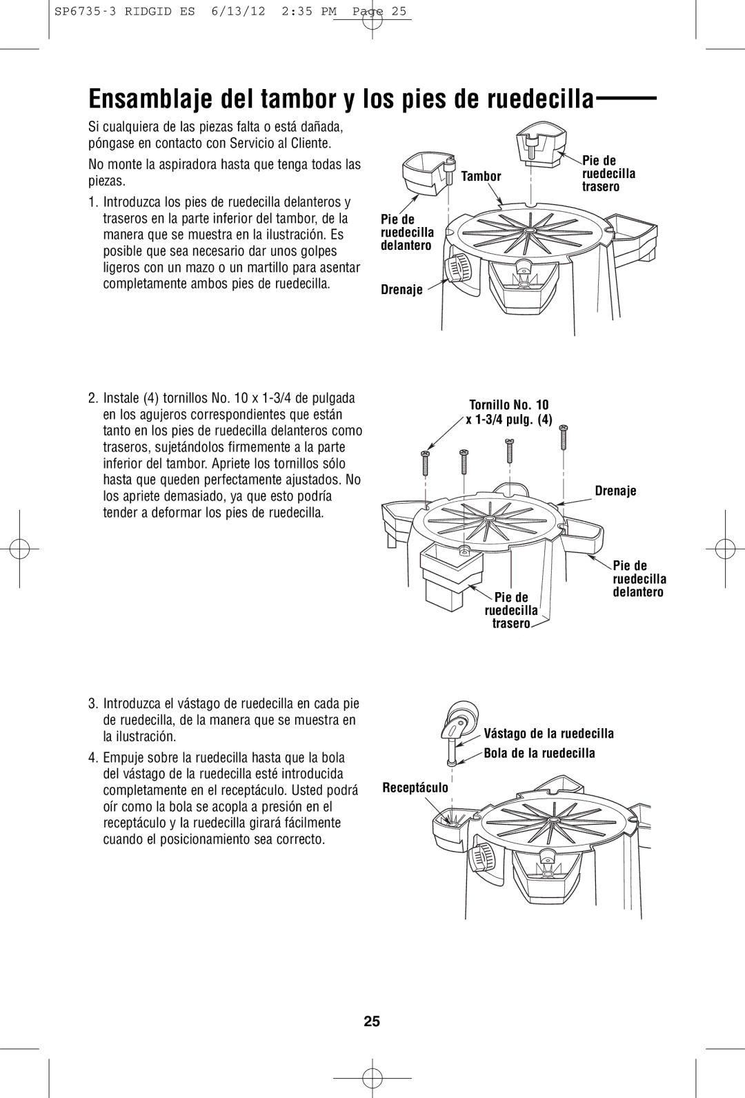 RIDGID WD14500 owner manual Ensamblaje del tambor y los pies de ruedecilla, Screw 