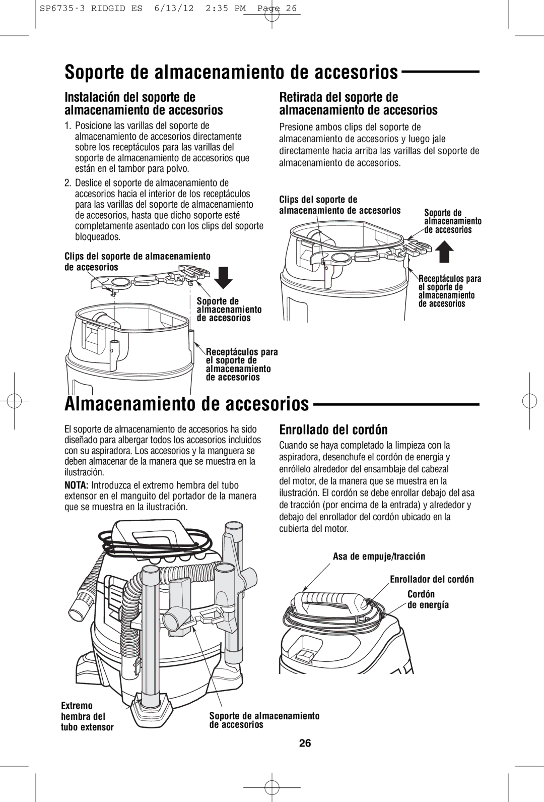 RIDGID WD14500 owner manual Soporte de almacenamiento de accesorios, Almacenamiento de accesorios, Enrollado del cordón 