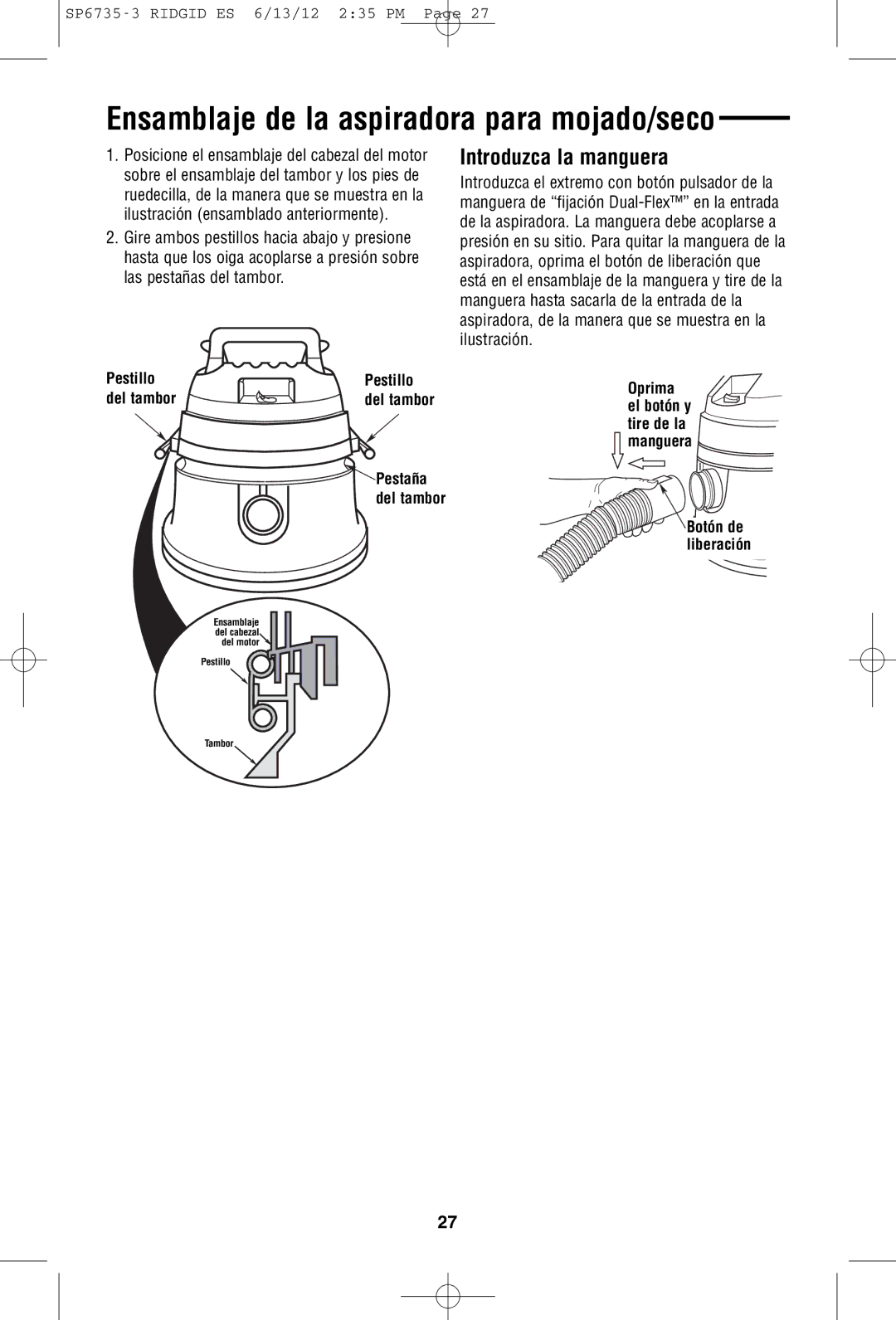 RIDGID WD14500 owner manual Ensamblaje de la aspiradora para mojado/seco, Introduzca la manguera, Drum 