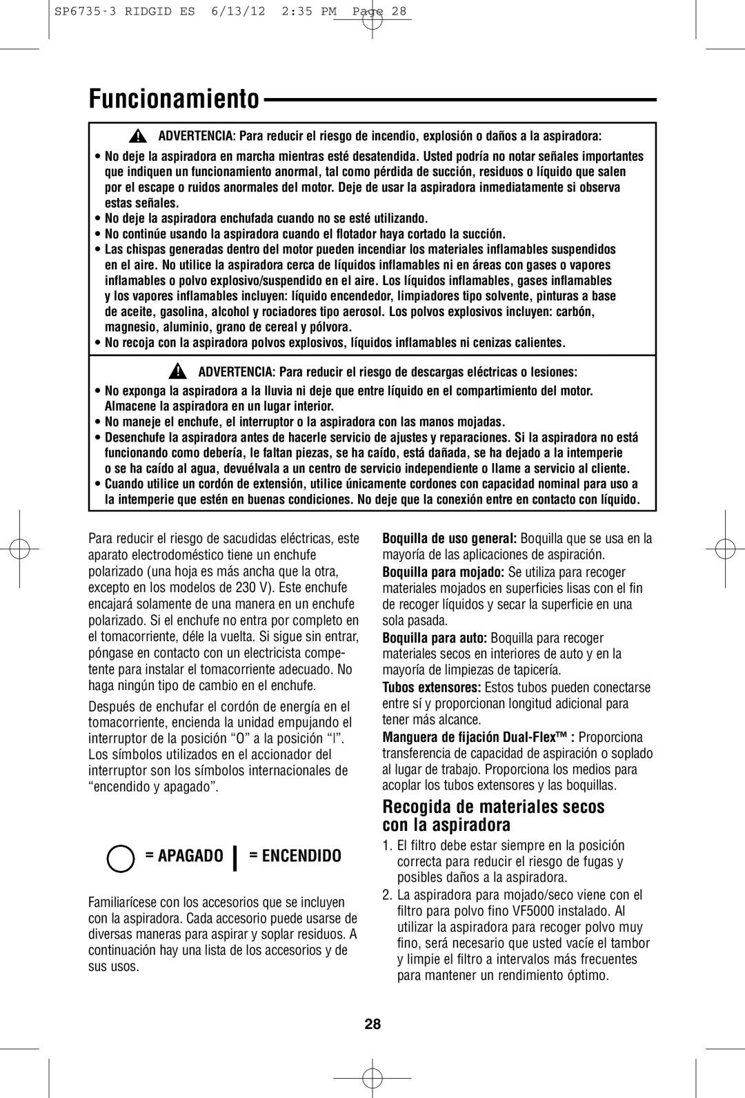 RIDGID WD14500 owner manual Funcionamiento, Recogida de materiales secos con la aspiradora 