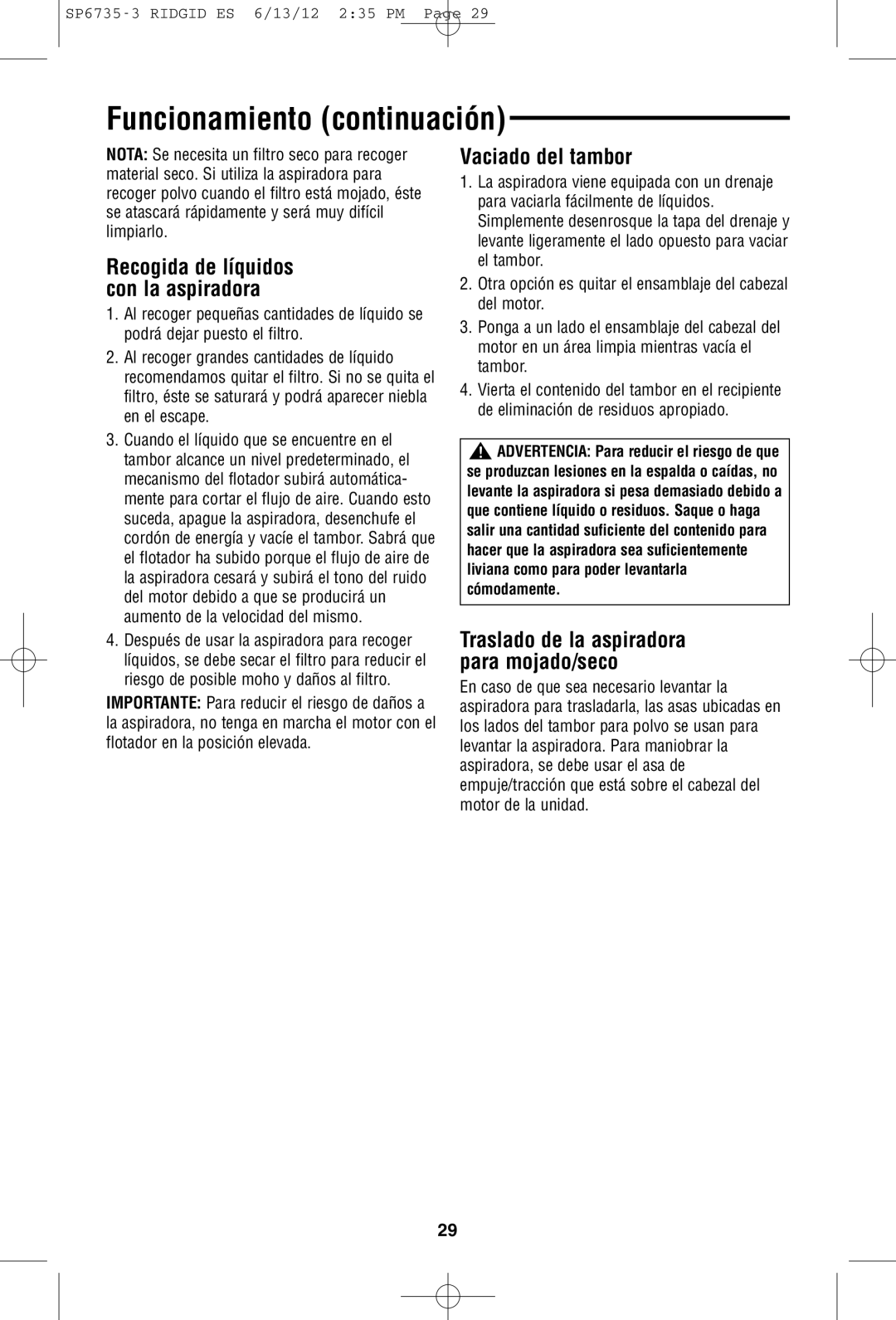 RIDGID WD14500 owner manual Funcionamiento continuación, Vaciado del tambor, Recogida de líquidos con la aspiradora 