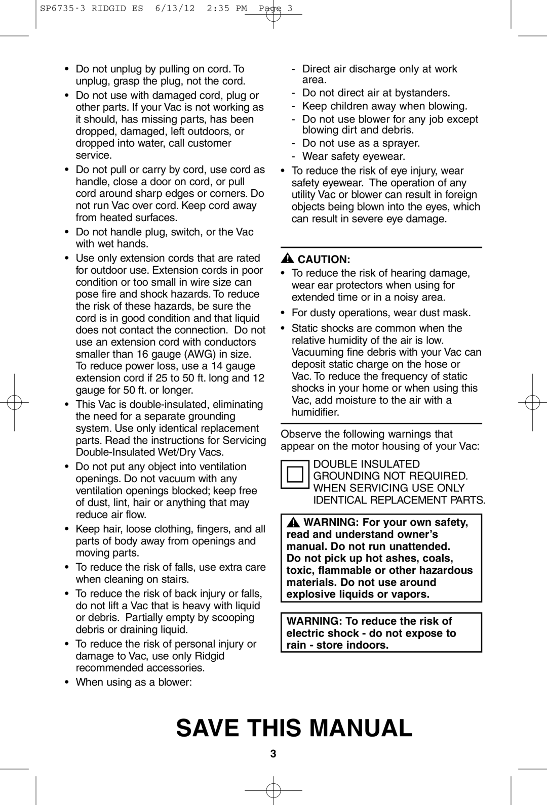 RIDGID WD14500 owner manual Save this Manual 