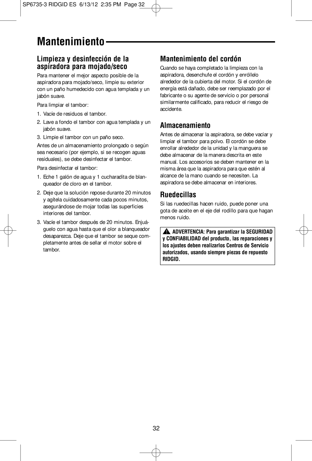 RIDGID WD14500 owner manual Mantenimiento del cordón, Almacenamiento, Ruedecillas 