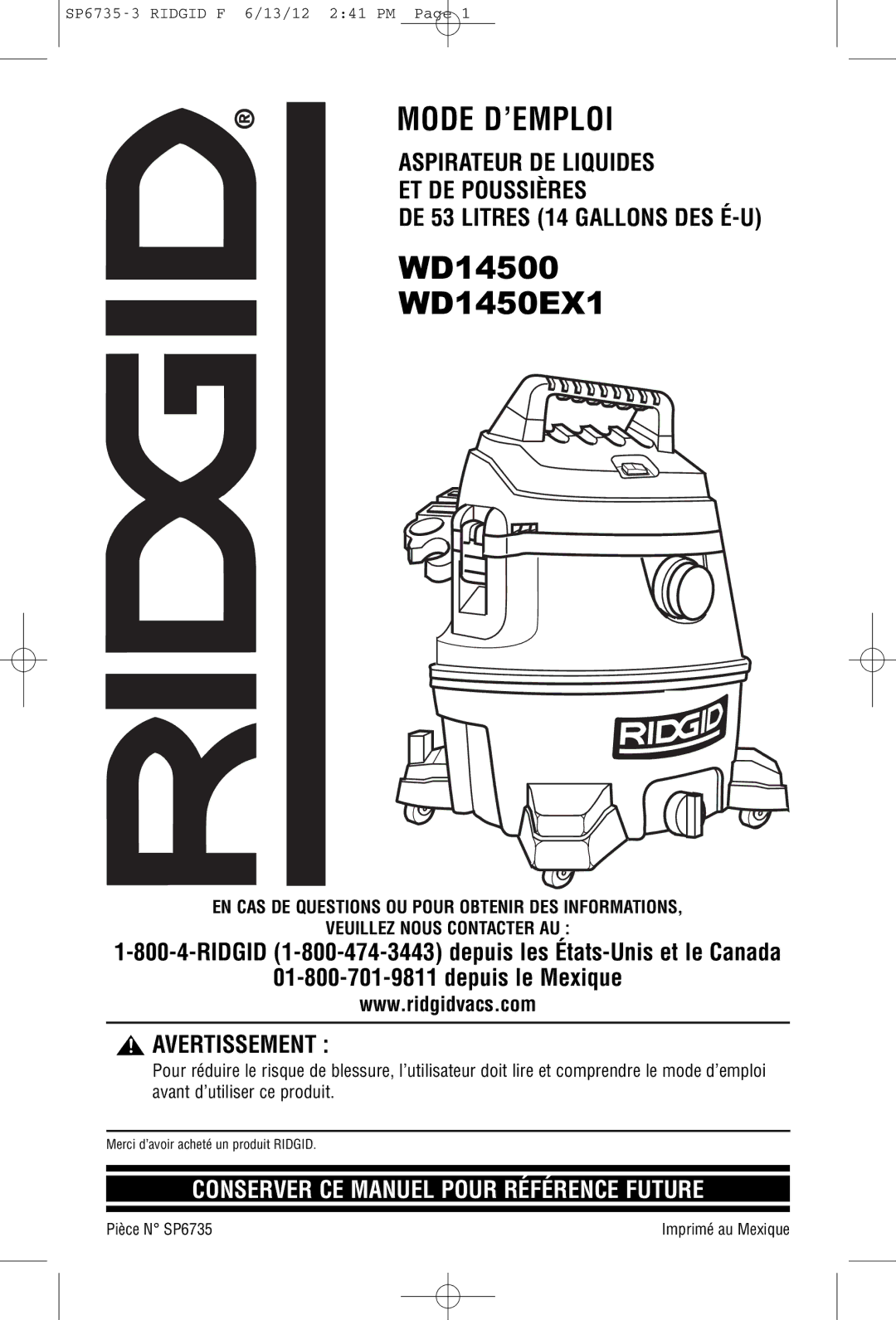 RIDGID WD14500 owner manual Mode D’EMPLOI, Pièce N SP6735 