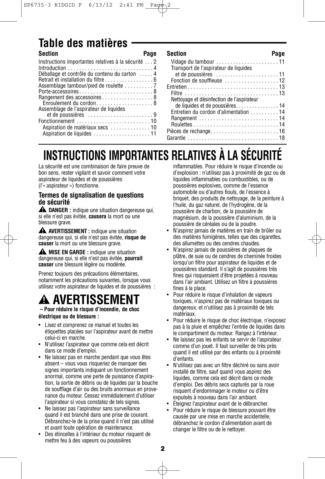 RIDGID WD14500 owner manual Table des matières, Termes de signalisation de questions de! sécurité 